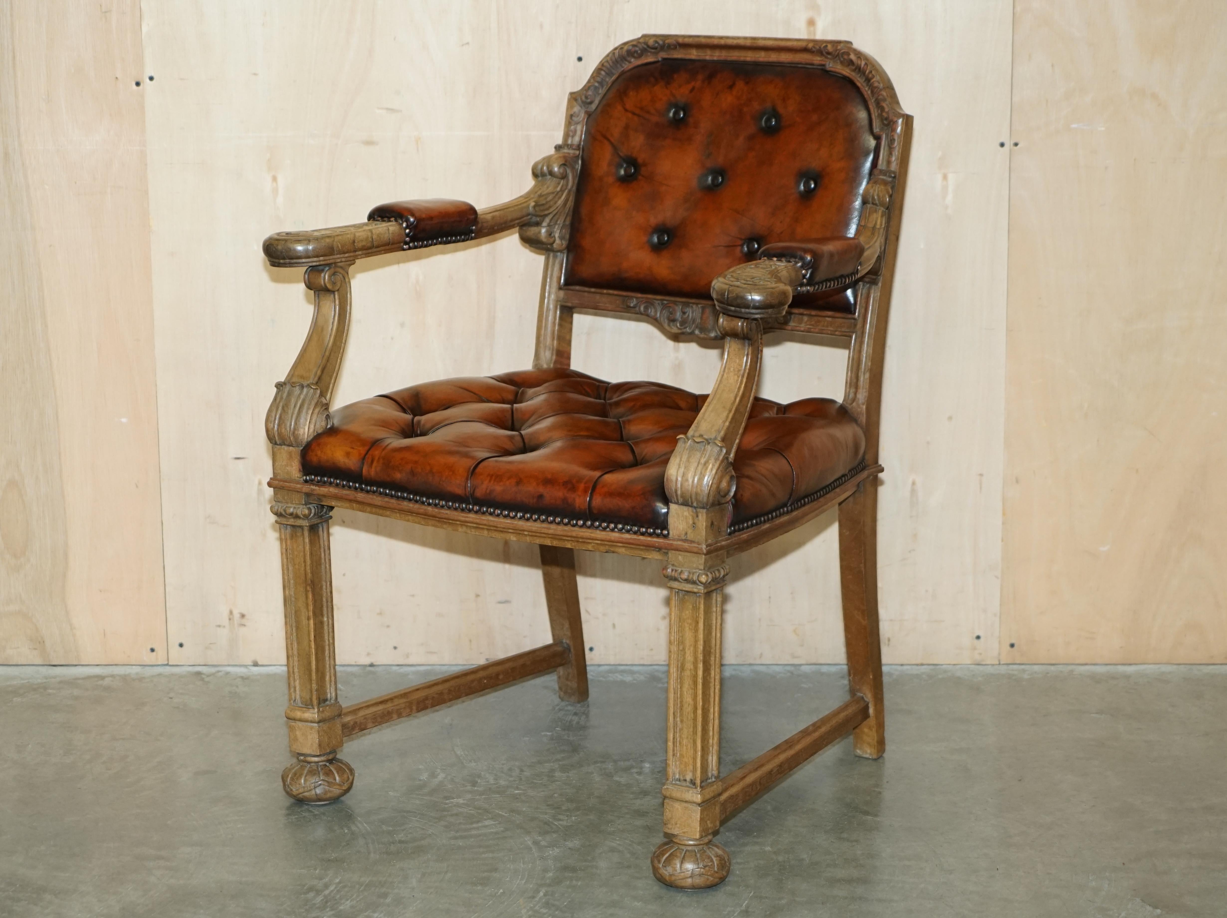 Royal House Antiques

Royal House Antiques is delighted to offer for sale this absolutely exquisite and very well made, English circa 1830 William IV limed oak and leather, chesterfield desk chair with heavily carved frame

Please note the delivery