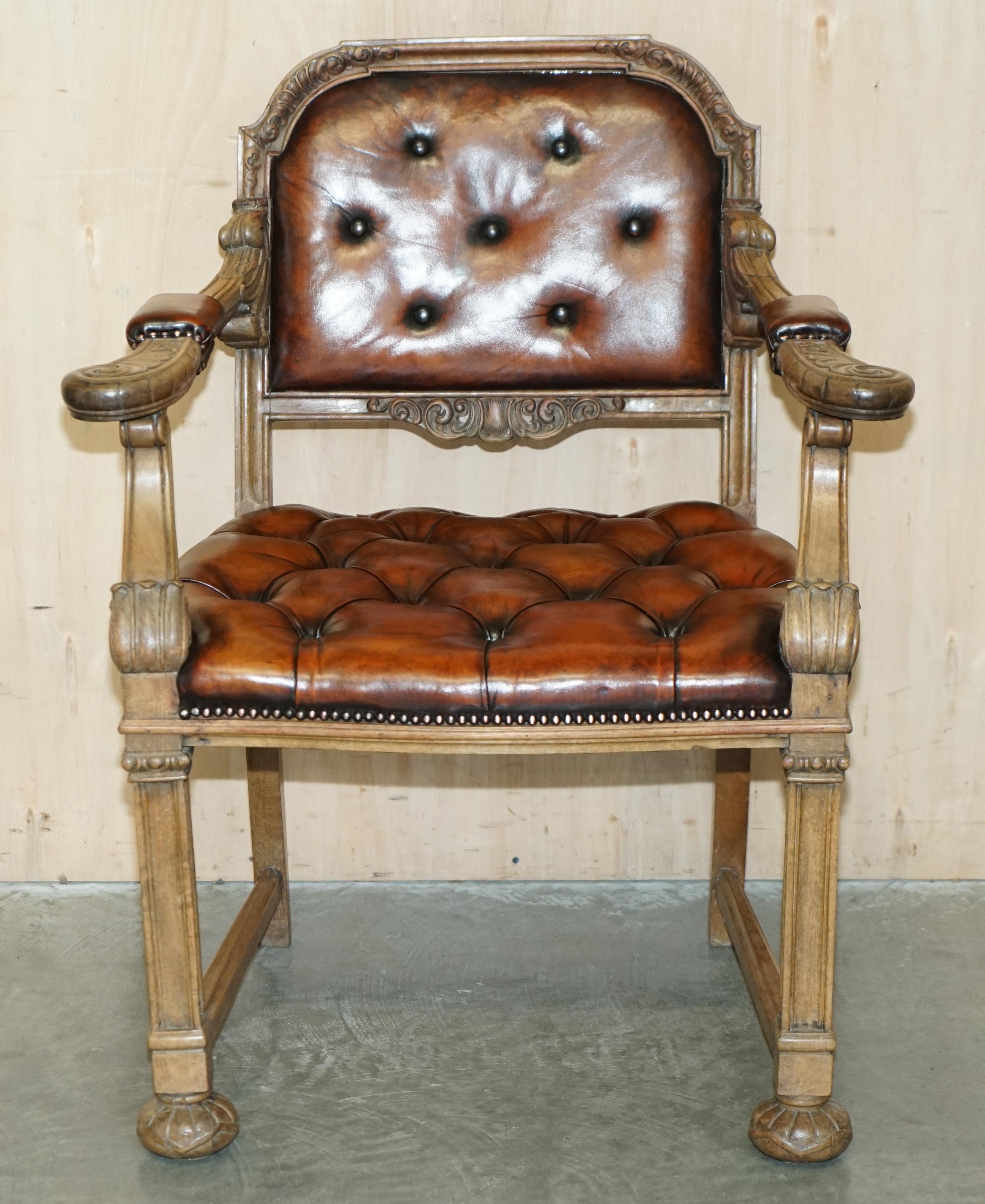 William IV VERY FiNE RESTORED ANTIQUE CHESTERFIELD WILLIAM IV OAK BROWN LEATHER DESK CHAIr For Sale