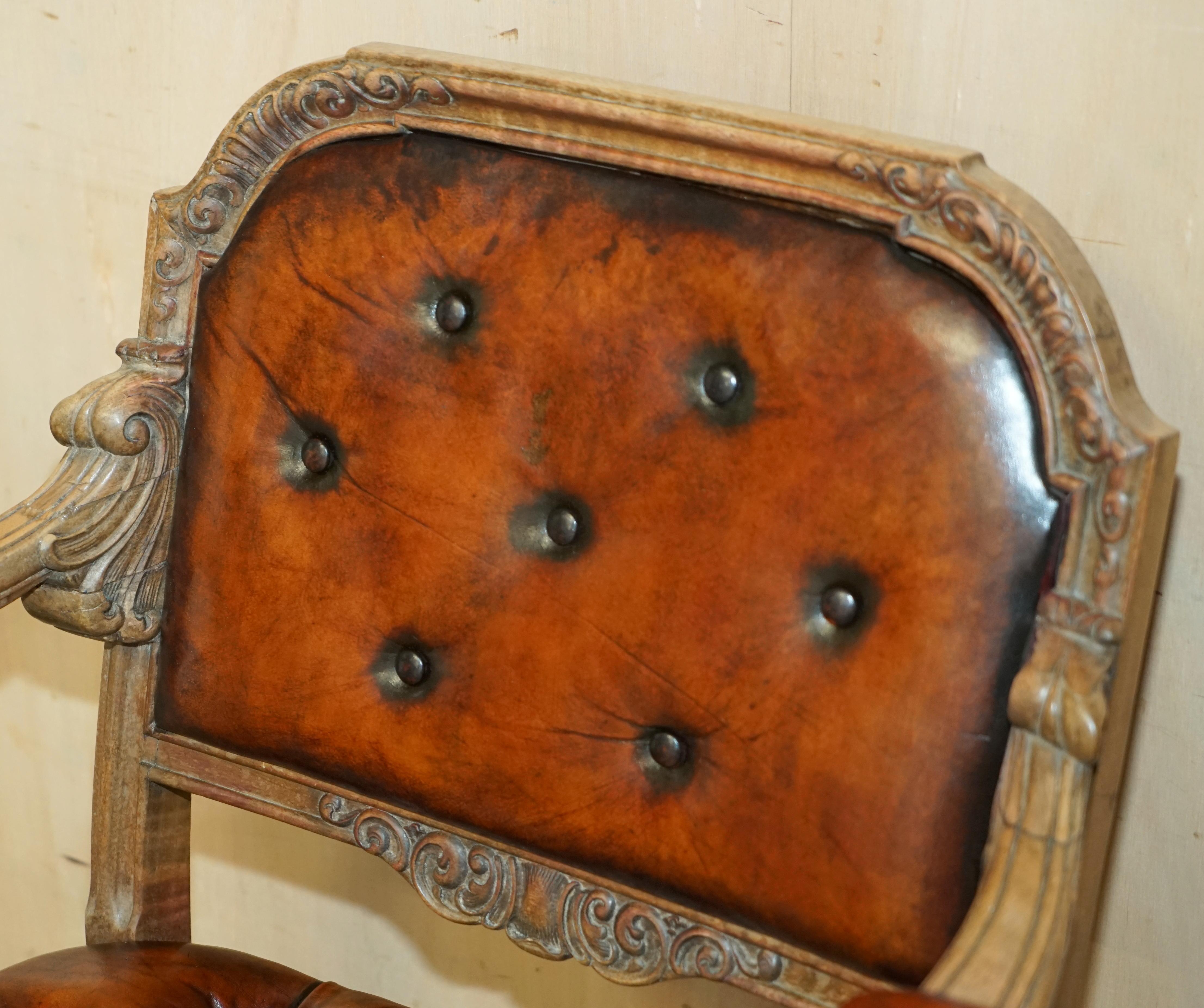 Hand-Crafted VERY FiNE RESTORED ANTIQUE CHESTERFIELD WILLIAM IV OAK BROWN LEATHER DESK CHAIr For Sale