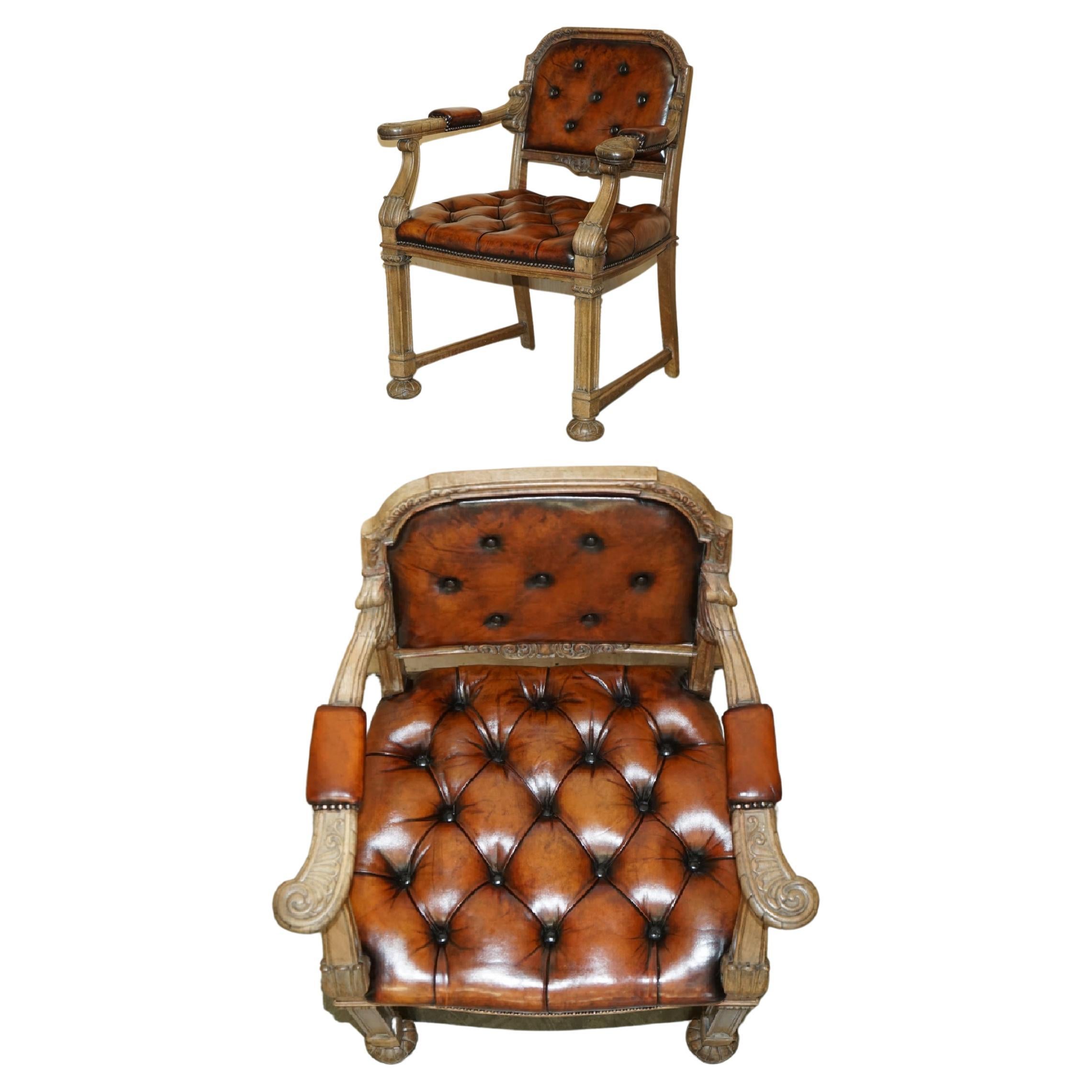 VERY FiNE RESTORED ANTIQUE CHESTERFIELD WILLIAM IV OAK BROWN LEATHER DESK CHAIr For Sale