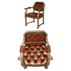 VERY FiNE RESTORED ANTIQUE CHESTERFIELD WILLIAM IV OAK BROWN LEATHER DESK CHAIr