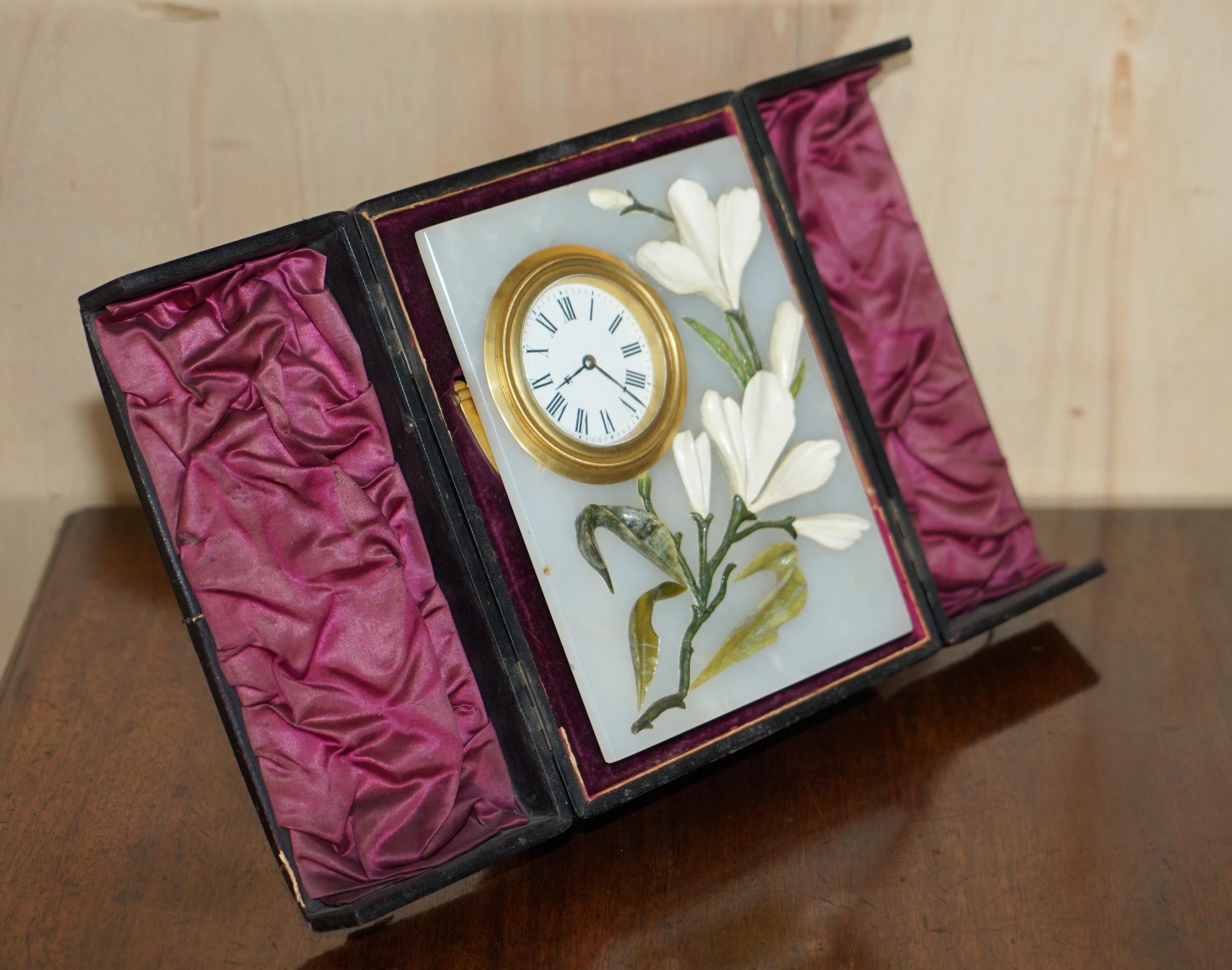 We are delighted to offer for sale this lovely original John D Harris Marble & Pietra Dura Boudoir clock in the original case.

A very fine time piece, kept in its original case for what looks like its entire life, there doesn’t seem to be any