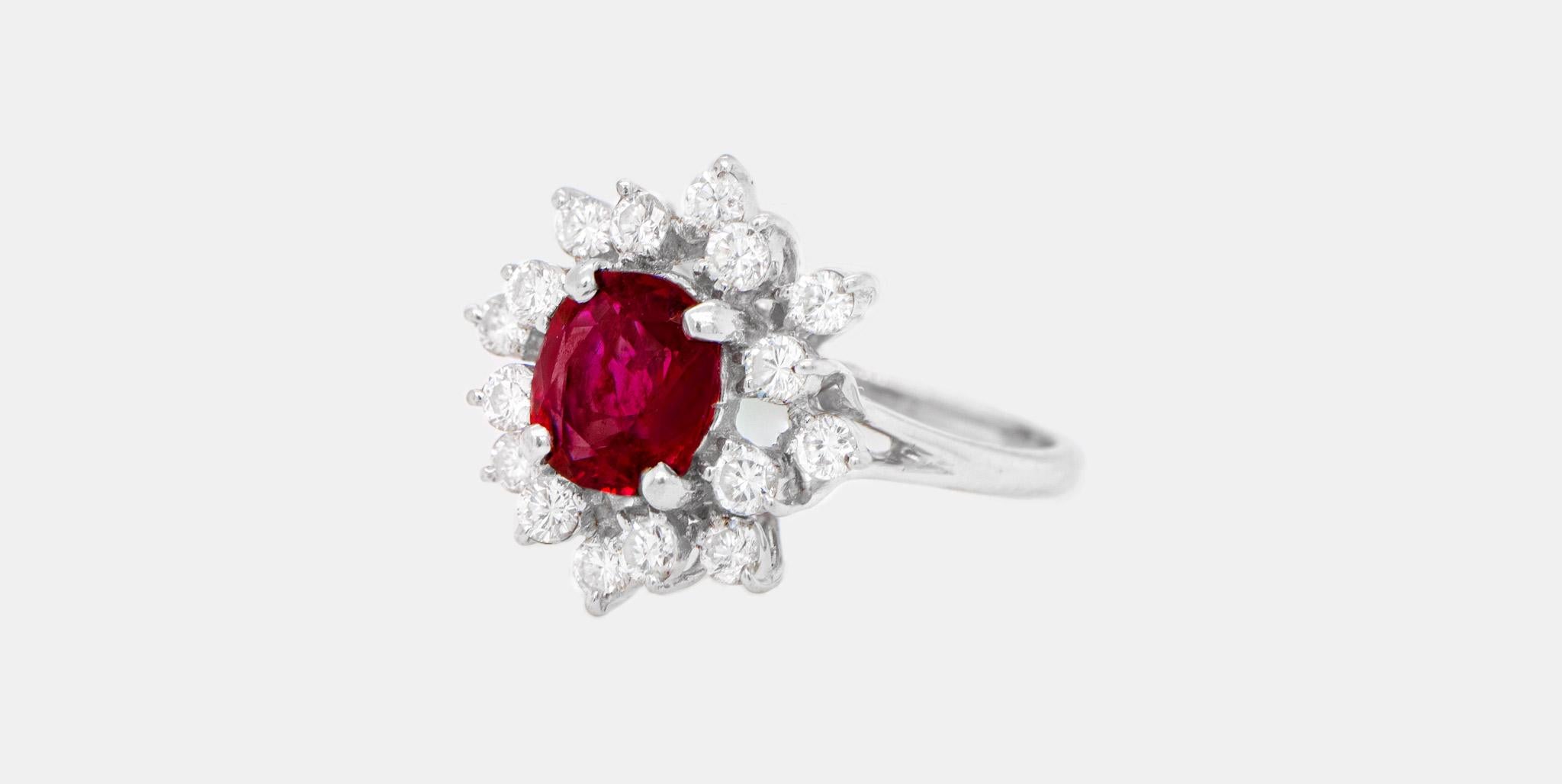 Art Deco Very Fine Ruby 2.50 Carat Ring with Diamond Halo 14k Gold For Sale