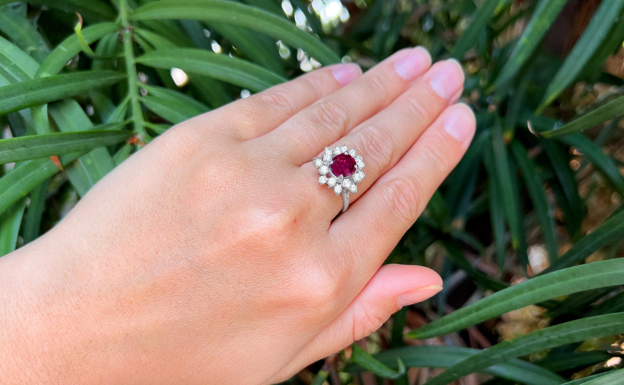 Cushion Cut Very Fine Ruby 2.50 Carat Ring with Diamond Halo 14k Gold For Sale
