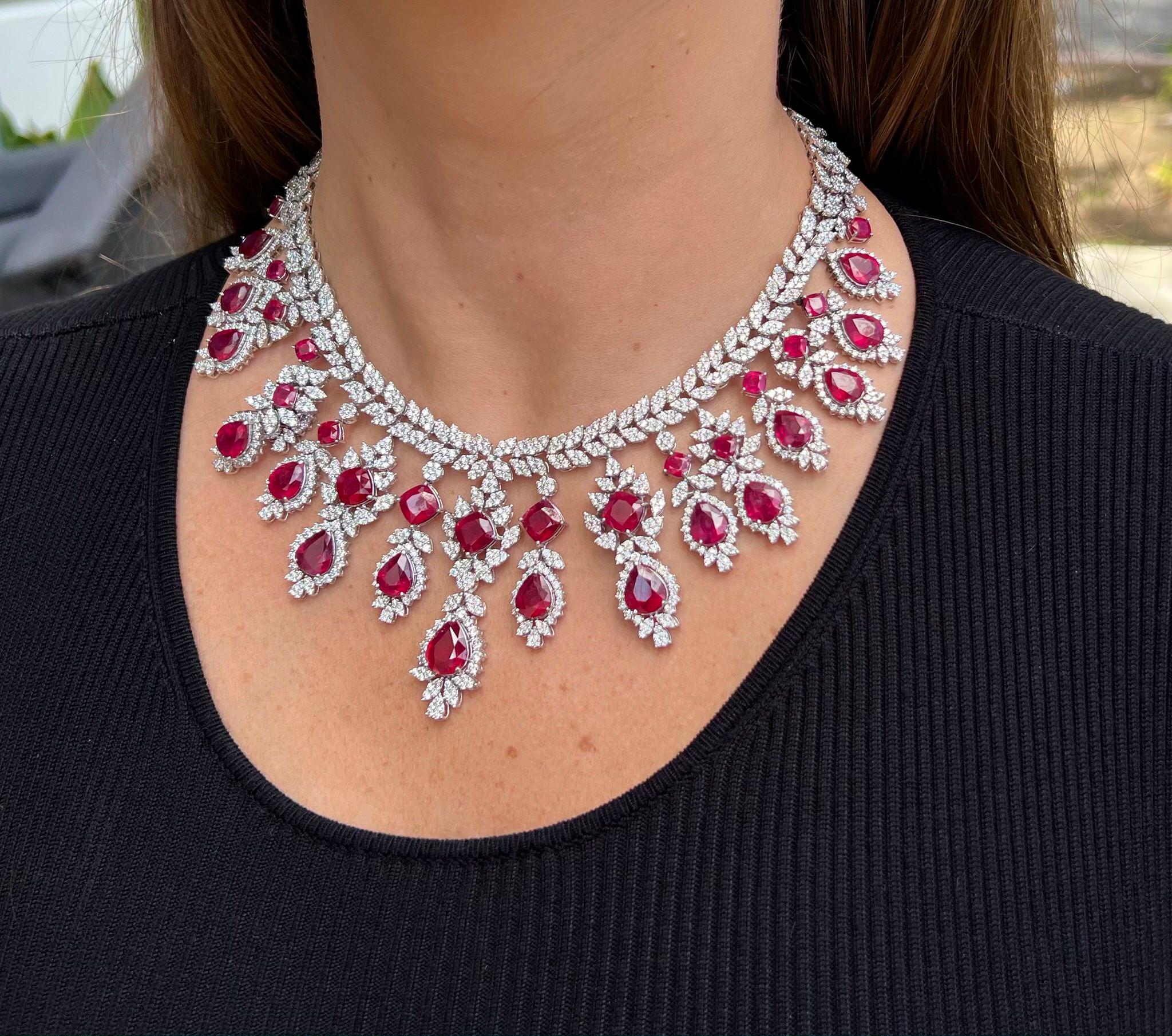 Very Fine Rubies = 86.07 Carats
Cut: Pear
Diamonds = 30.50 Carats
(Color: F, Clarity: VS)
Metal: 18K Gold
 Length: 16.5 Inches
