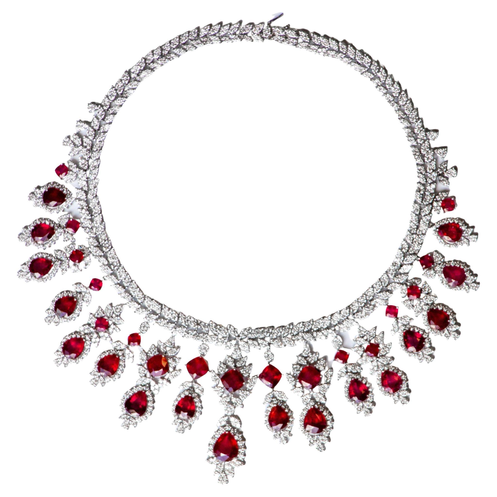 Very Fine Ruby Necklace Set With Diamonds 115 Carats Total 18K Gold For Sale
