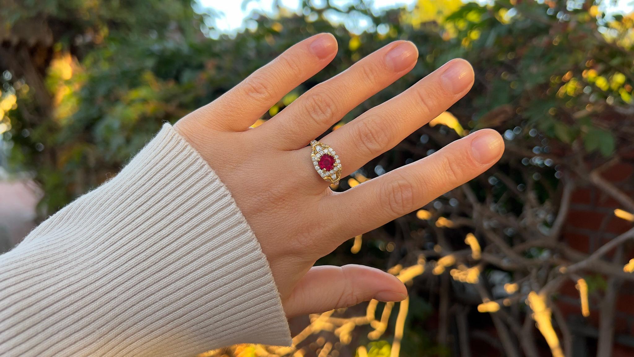 Very Fine Ruby = 0.90 Carat
(Cut: Round, Color: Pink, Origin: Natural)
Diamond = 0.99 Carats
(Cut: Mixed, Color: E, Clarity: VS)
Metal = 18K Yellow Gold
Ring Size = 6.5