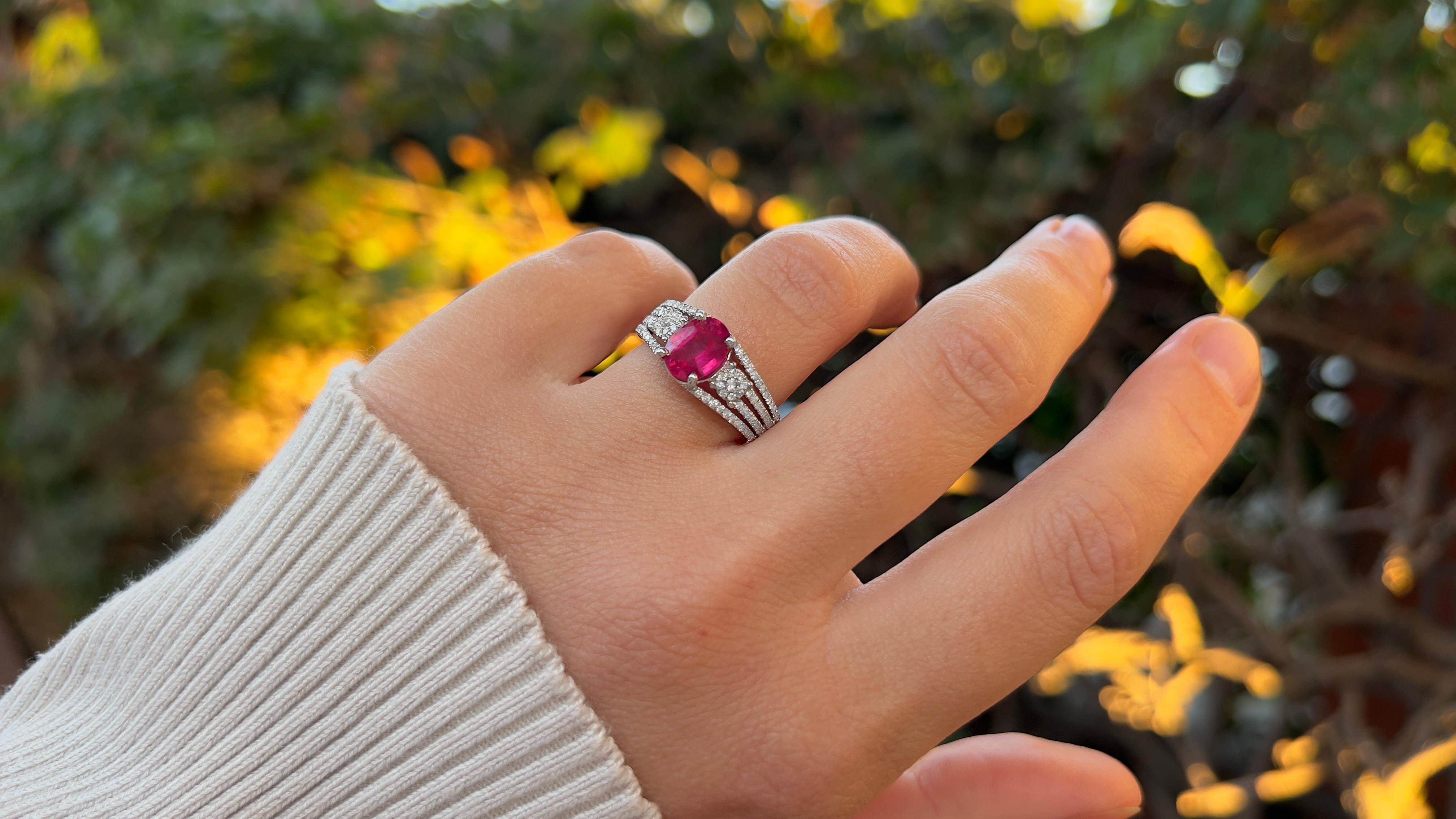 Oval Cut Very Fine Ruby Ring With Diamonds 2 Carats 18K White Gold For Sale