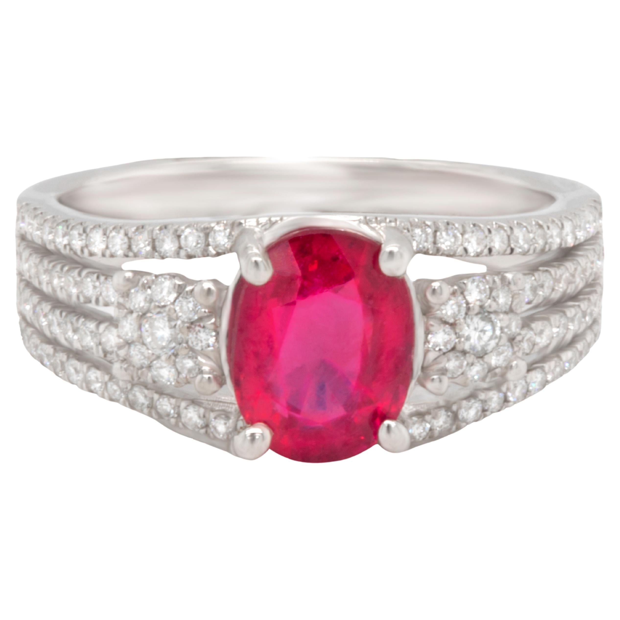 Very Fine Ruby Ring With Diamonds 2 Carats 18K White Gold For Sale