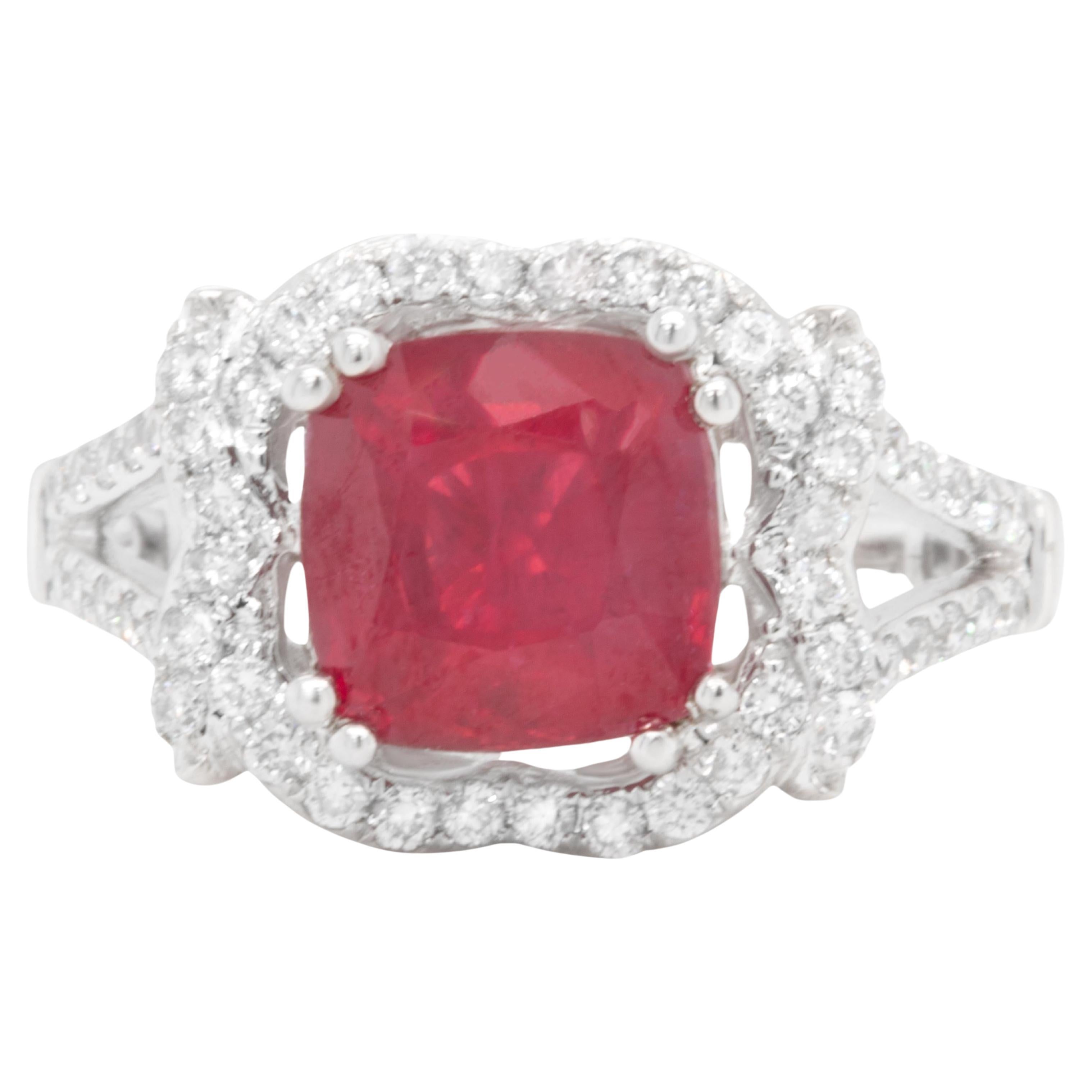Very Fine Ruby Ring With Diamonds 3.60 Carats 18K White Gold For Sale