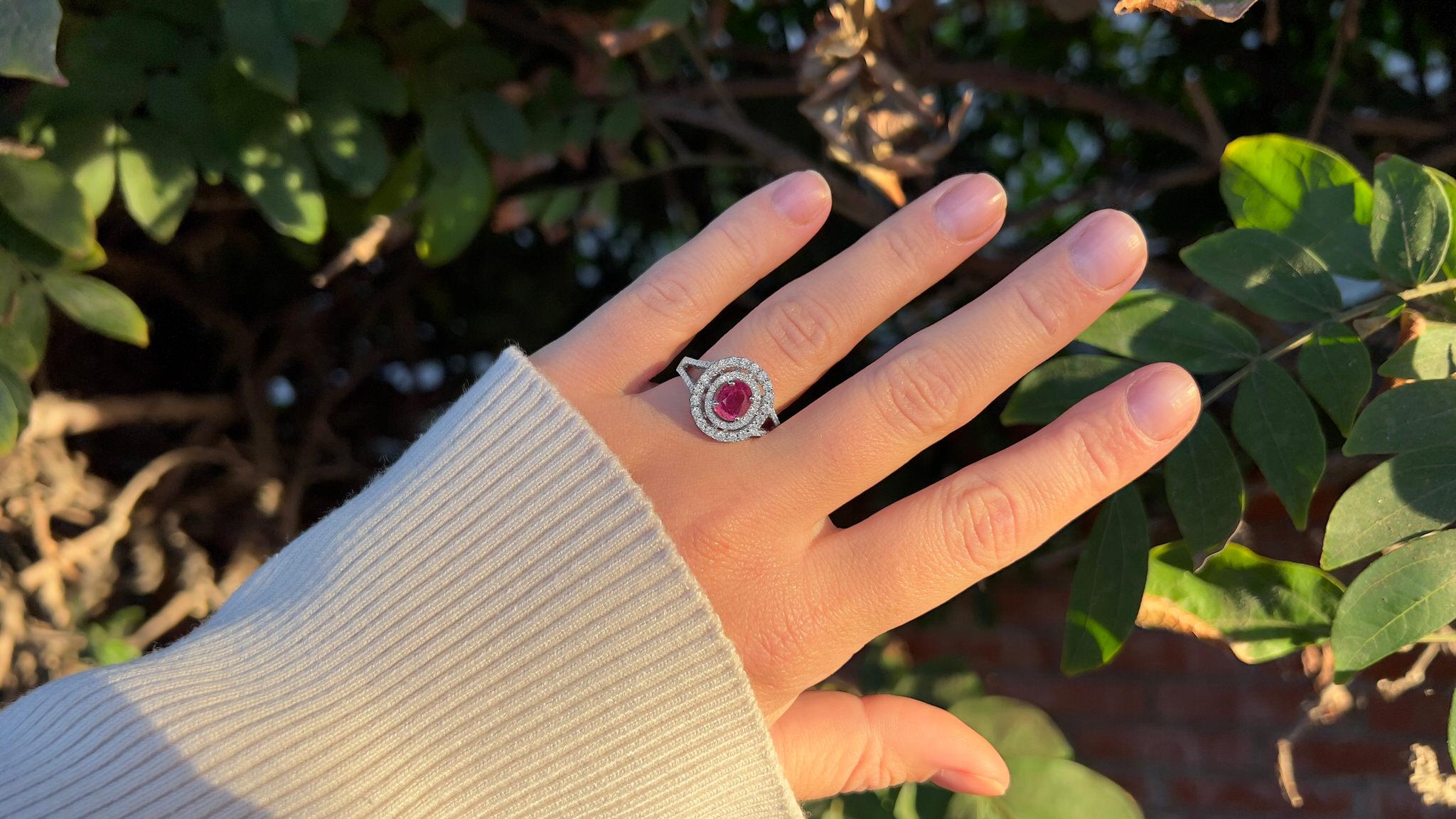 Very Fine Ruby = 2.30 Carat
(Cut: Oval, Color: Red, Origin: Natural)
Diamond = 1.48 Carats
(Cut: Round, Color: F, Clarity: VS)
Metal = 18K White Gold
Ring Size = 7.75
