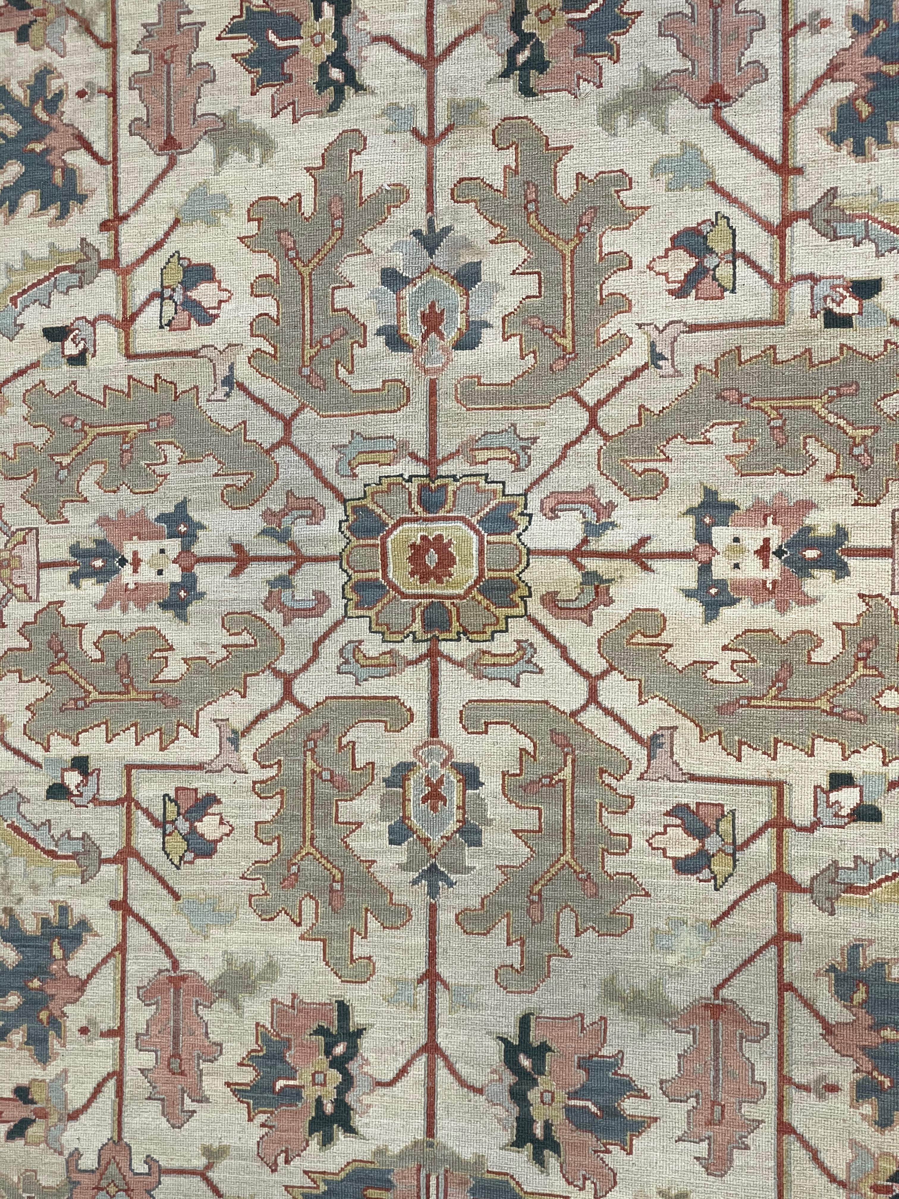 Very fine semi-antique hand knotted Heriz Serapi Soumak carpet medium low dense silky wool pile on cotton weft. Field with central complex multi-color medallion with extensions and floral designs on ivory background; wide borders with floral motifs