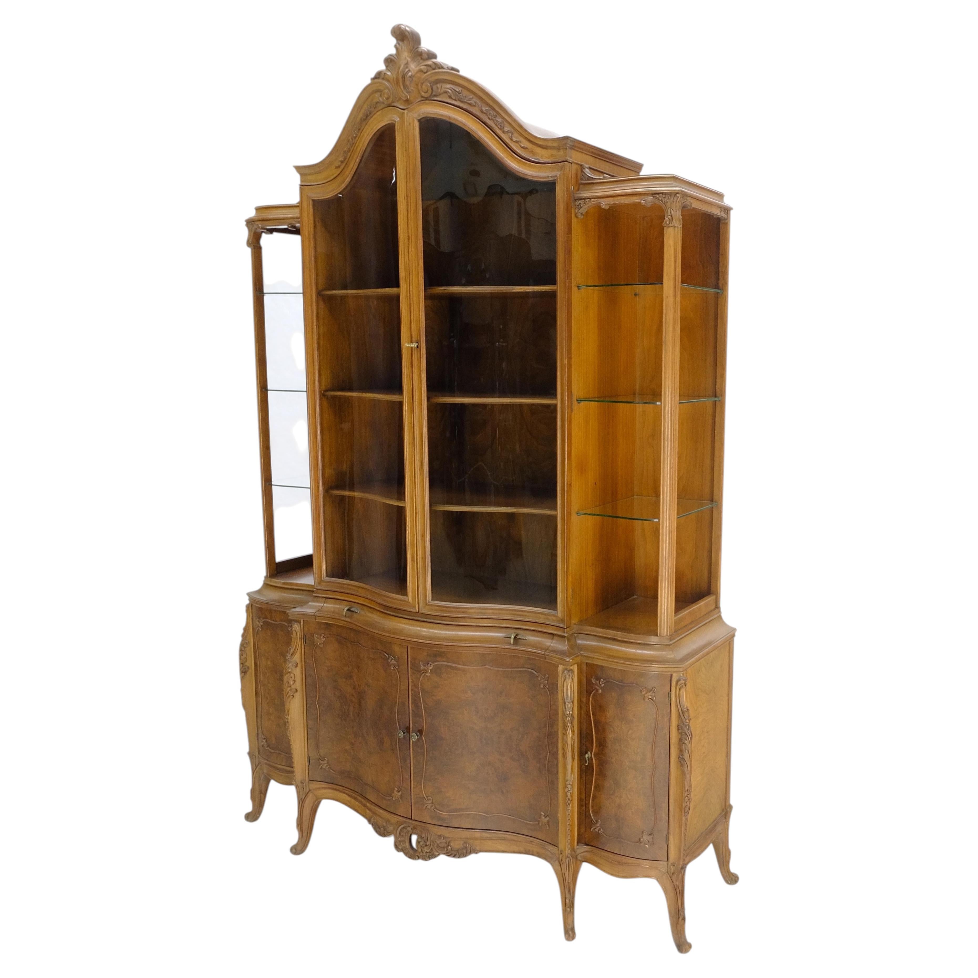 Very Fine Serpentine Front Burl Wood French China Cabinet Break Front MINT! For Sale