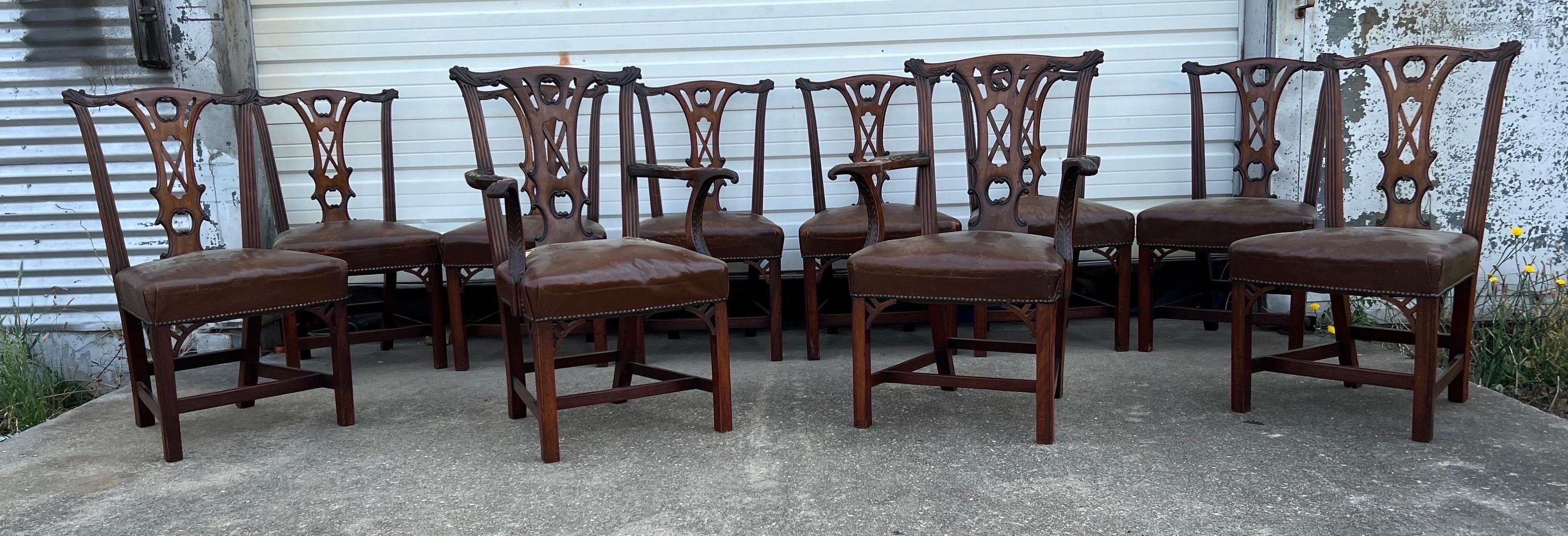 Very fine set of 10 18th century Irish chippendale dining chairs. Made in the period of heavy 1st growth mahogany, these chairs feature very well executed carving and through tenon stretchers. 

8 side chairs and 2 arm chairs 
Side chair