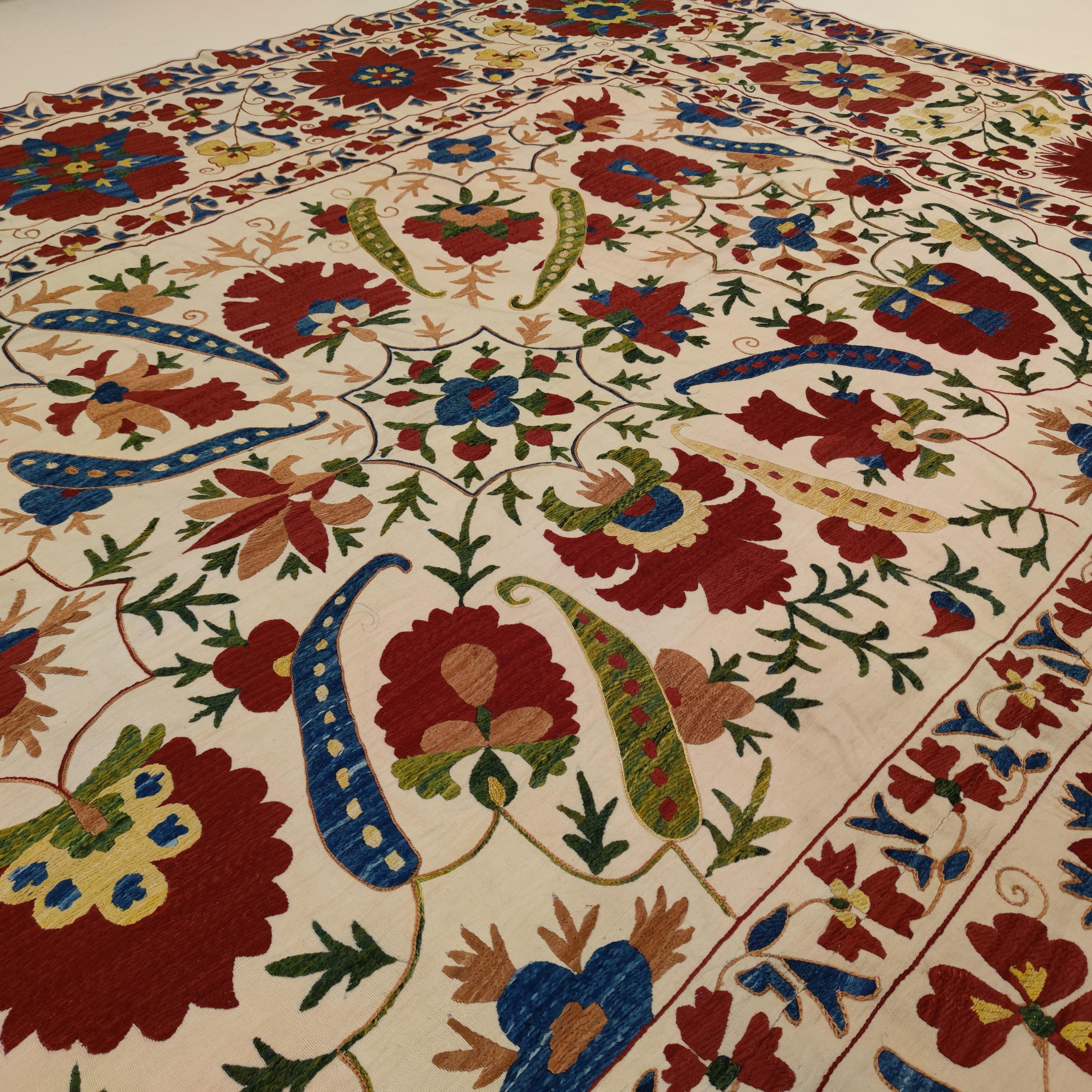 Uzbek Very Fine Silk on Cotton Vintage Central Asian Suzani Embroidery