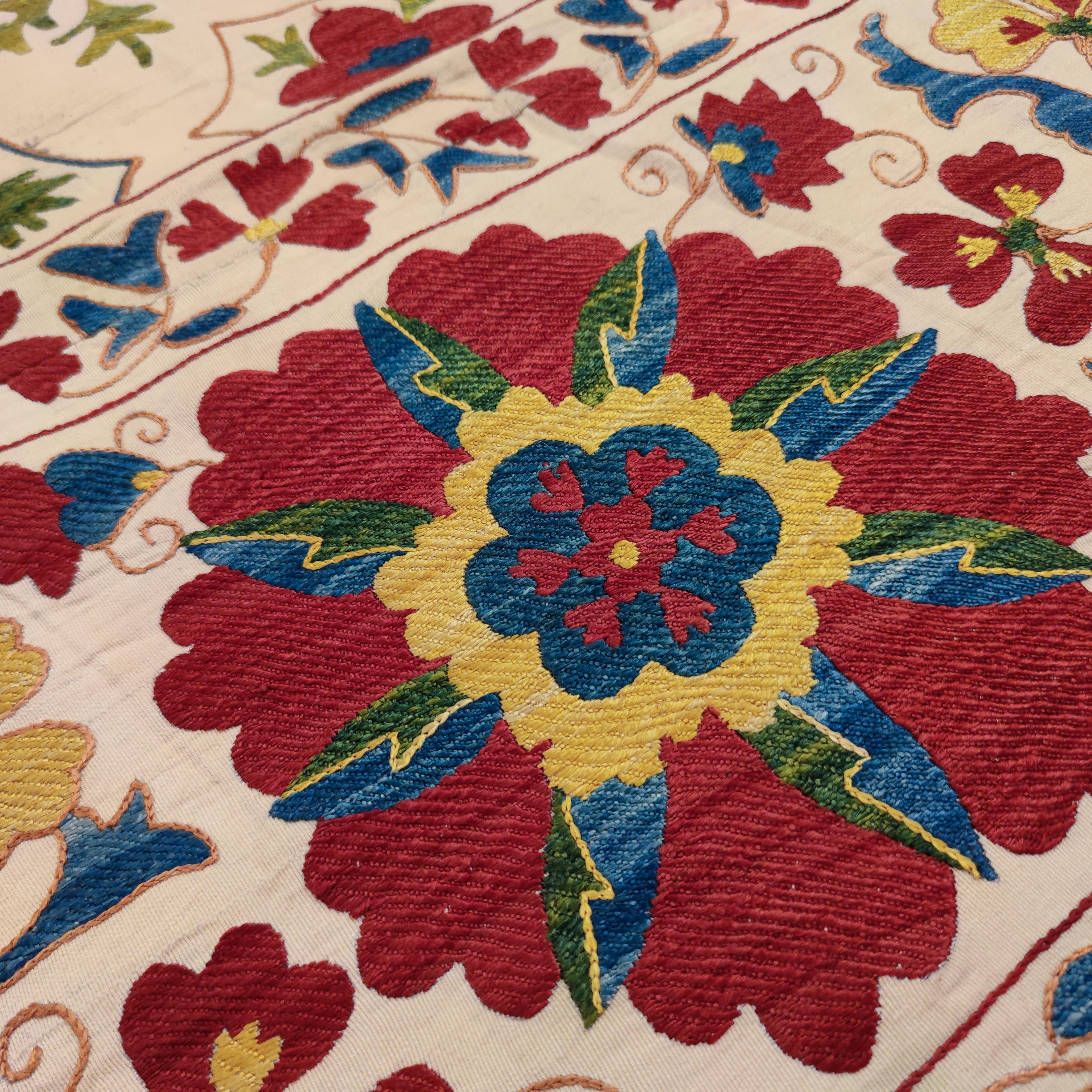 Contemporary Very Fine Silk on Cotton Vintage Central Asian Suzani Embroidery