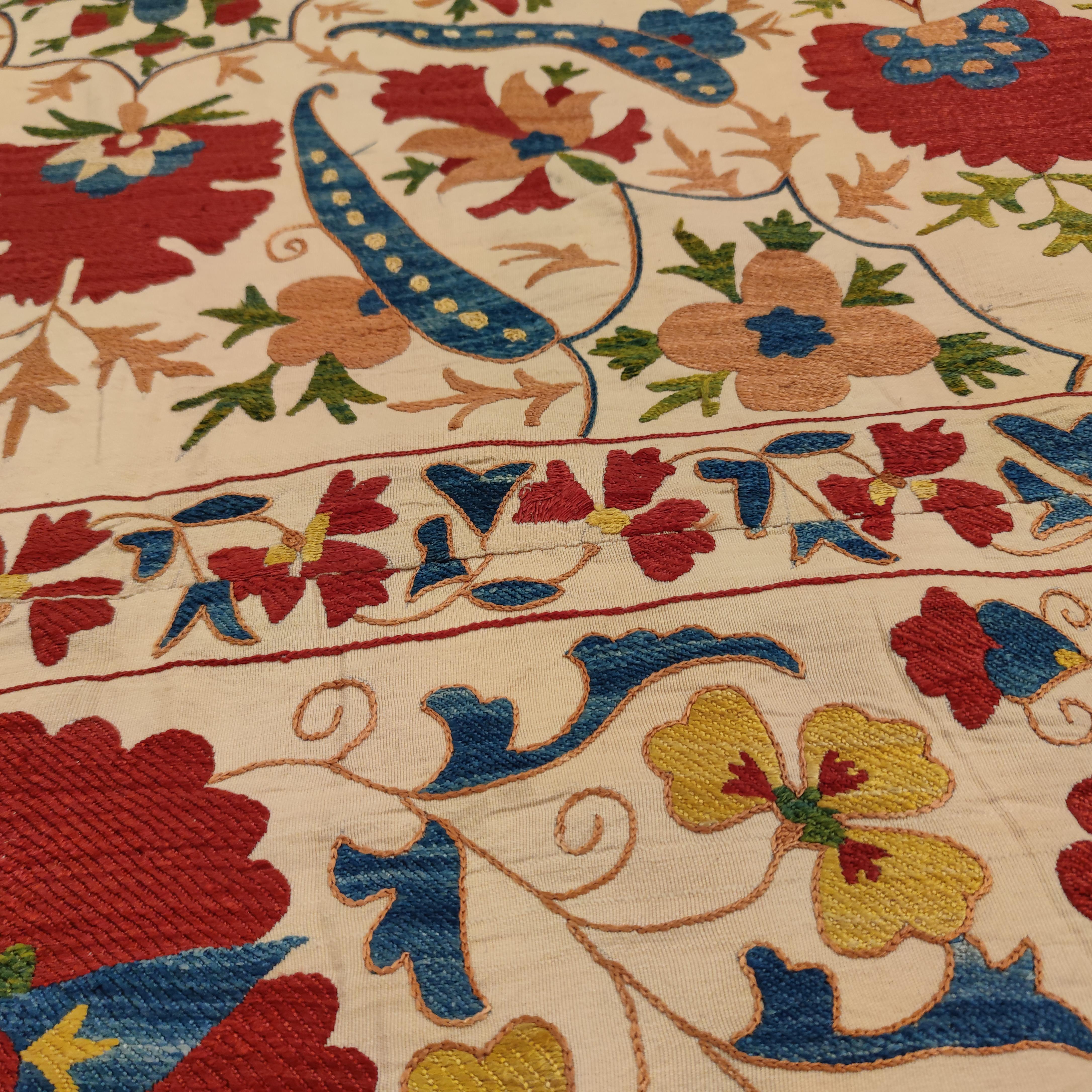 Very Fine Silk on Cotton Vintage Central Asian Suzani Embroidery 1
