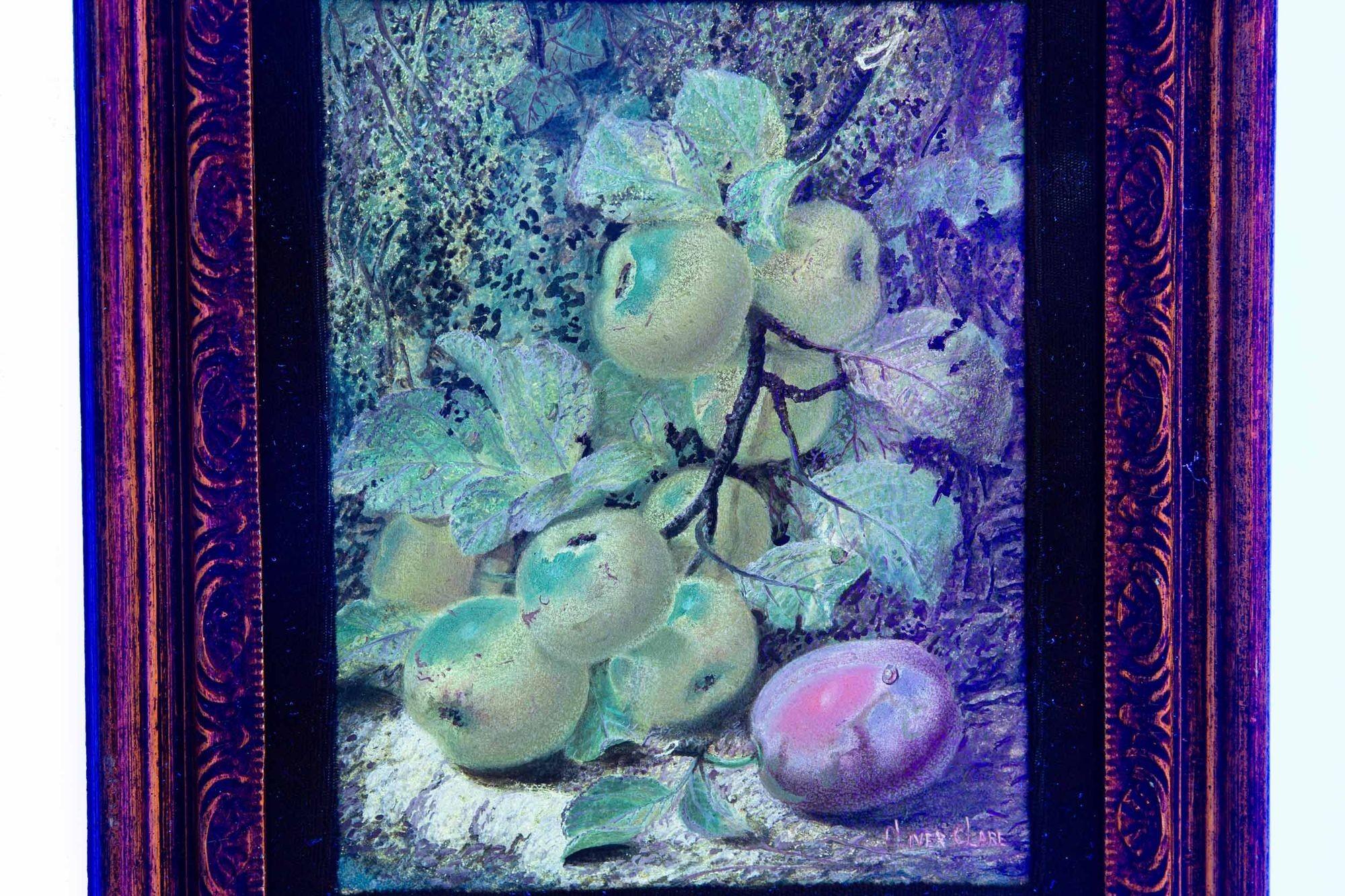 Very Fine Still-Life Antique Painting of Yellow Apples and Plum by Oliver Clare 5