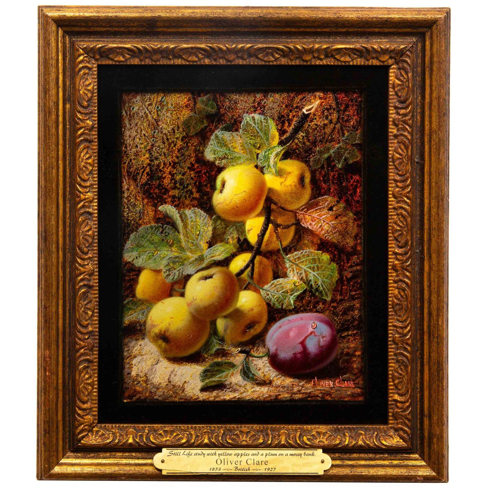 OLIVER CLARE
British, 1853-1927

Still-Life with Yellow Apples and a Plum on a Mossy Bank

Oil on artist's panel  signed lower right 
