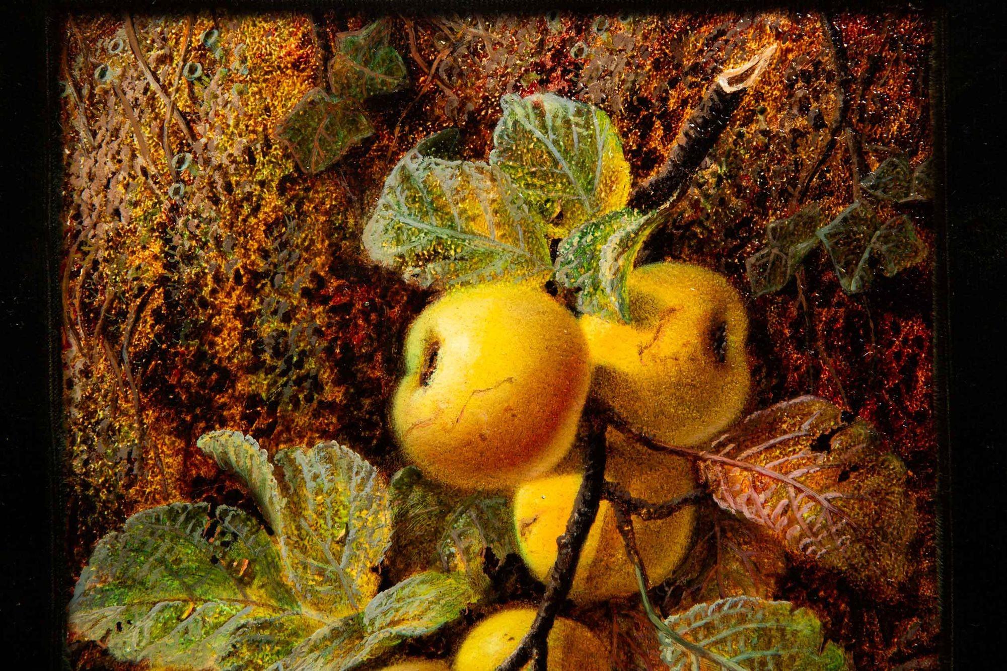 Victorian Very Fine Still-Life Antique Painting of Yellow Apples and Plum by Oliver Clare