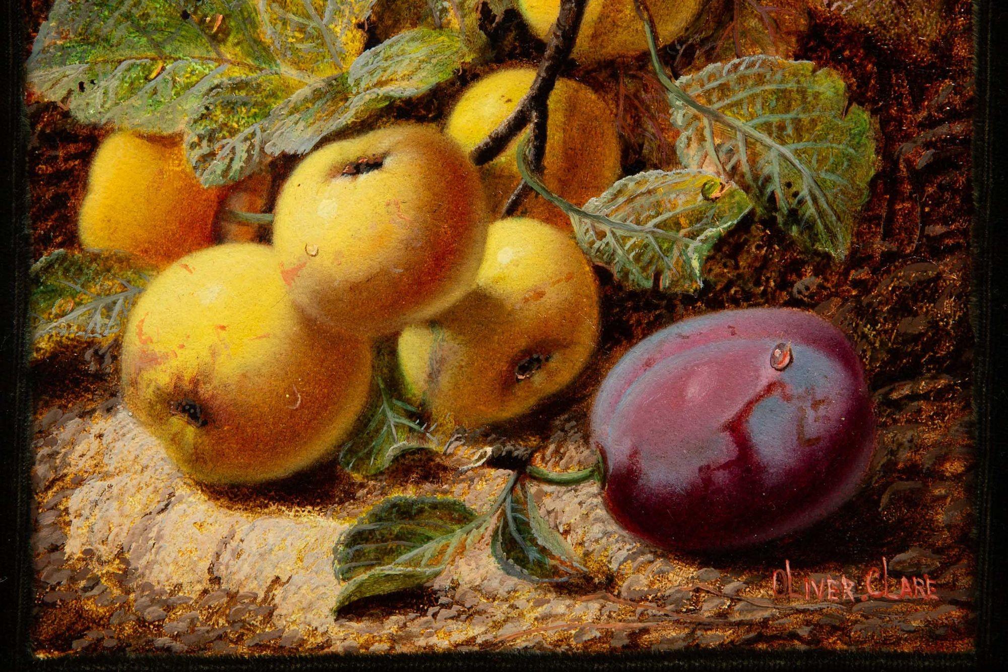 English Very Fine Still-Life Antique Painting of Yellow Apples and Plum by Oliver Clare