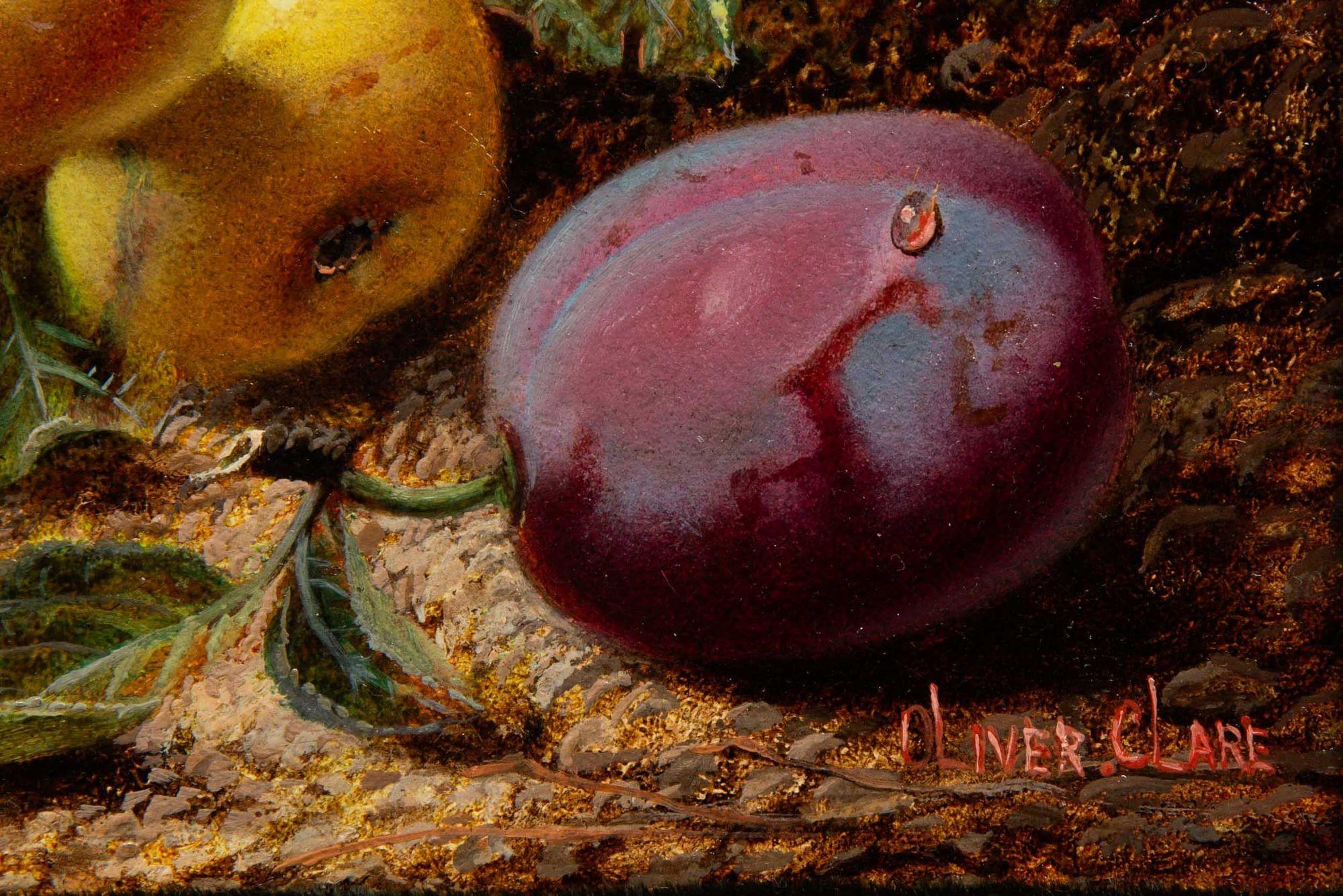 Hand-Painted Very Fine Still-Life Antique Painting of Yellow Apples and Plum by Oliver Clare