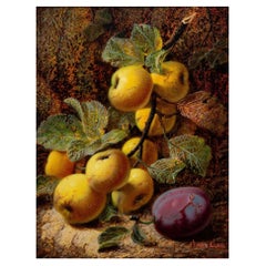 Very Fine Still-Life Antique Painting of Yellow Apples and Plum by Oliver Clare