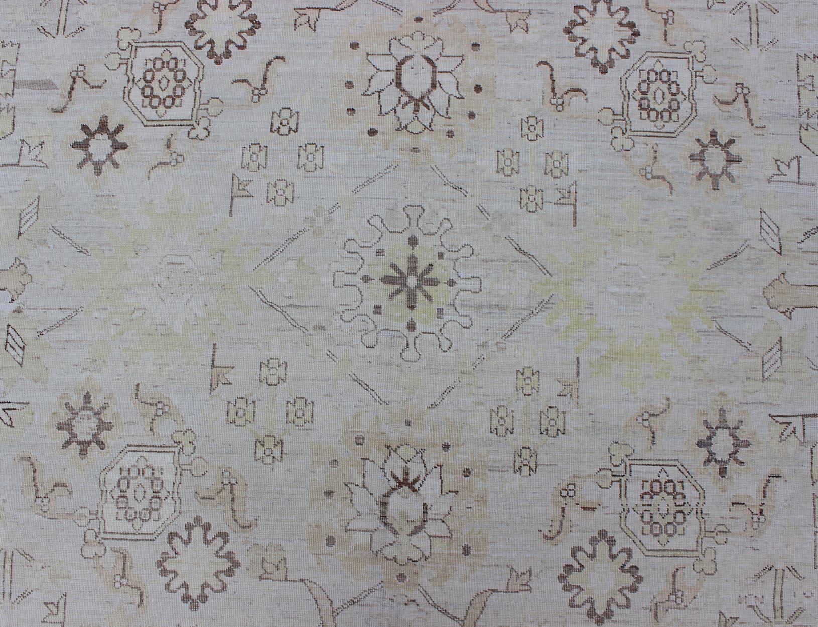 Tabriz Very Fine Transitional Rug with Stylized Geometric Motifs in Cream & Soft Yellow For Sale