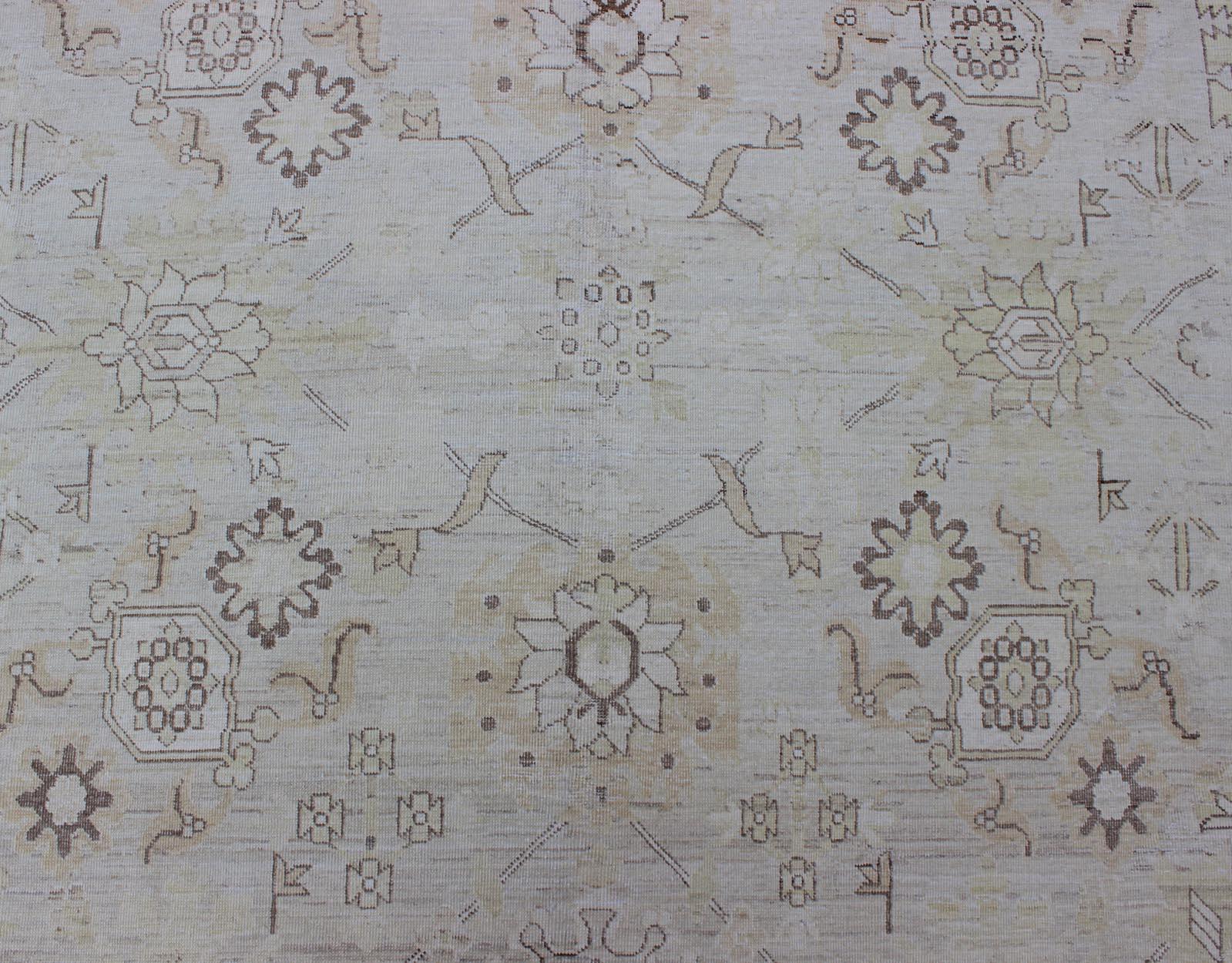 Hand-Knotted Very Fine Transitional Rug with Stylized Geometric Motifs in Cream & Soft Yellow For Sale