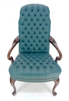 Very Fine Tufted Teal Leather Queen Ann Accent Office Armchair MINT!