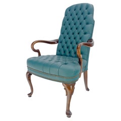 Very Fine Tufted Teal Leather Queen Ann Accent Office Armchair MINT!
