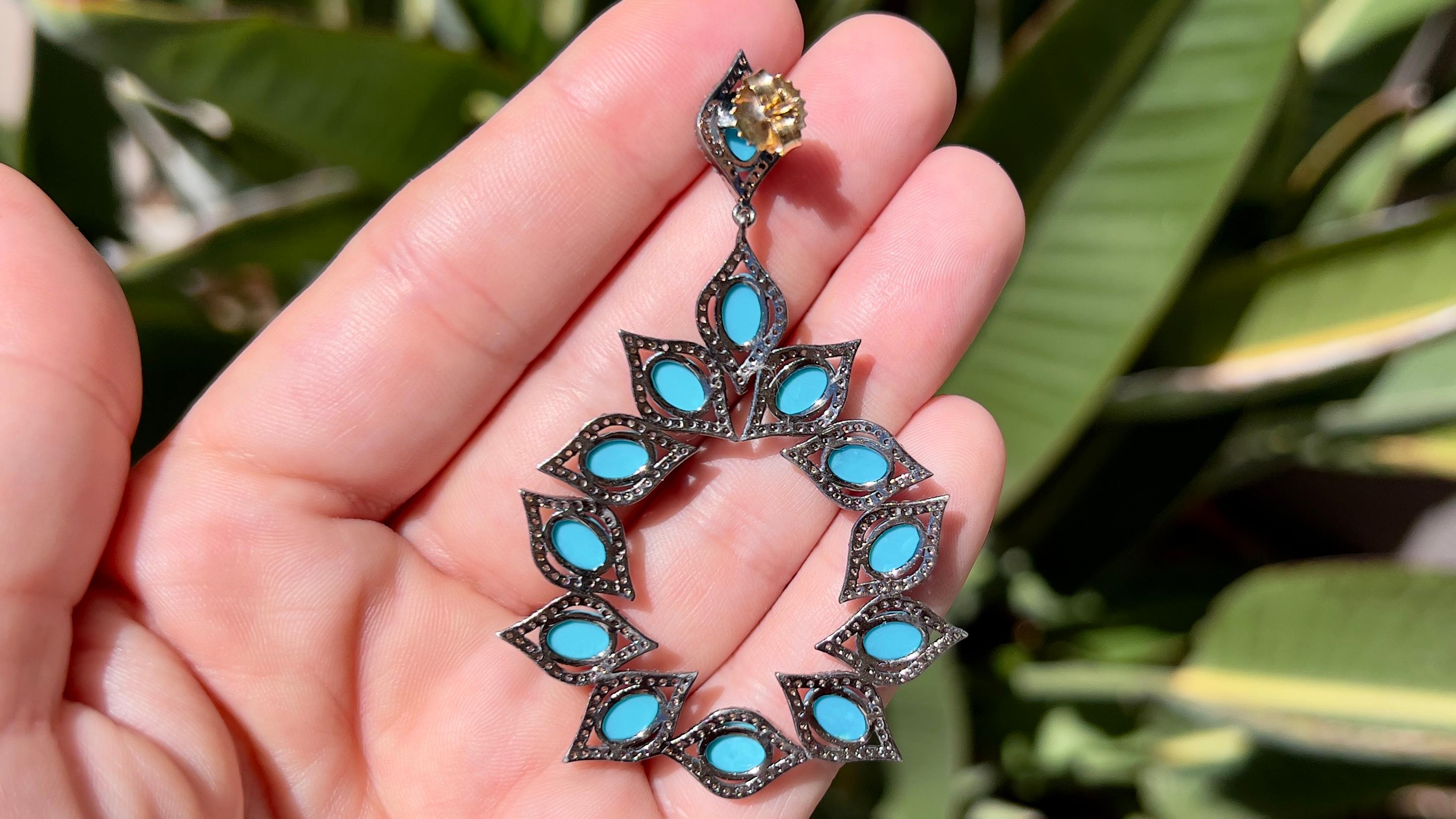 Mixed Cut Very Fine Turquoise 17+ Carats & Diamond Earrings For Sale