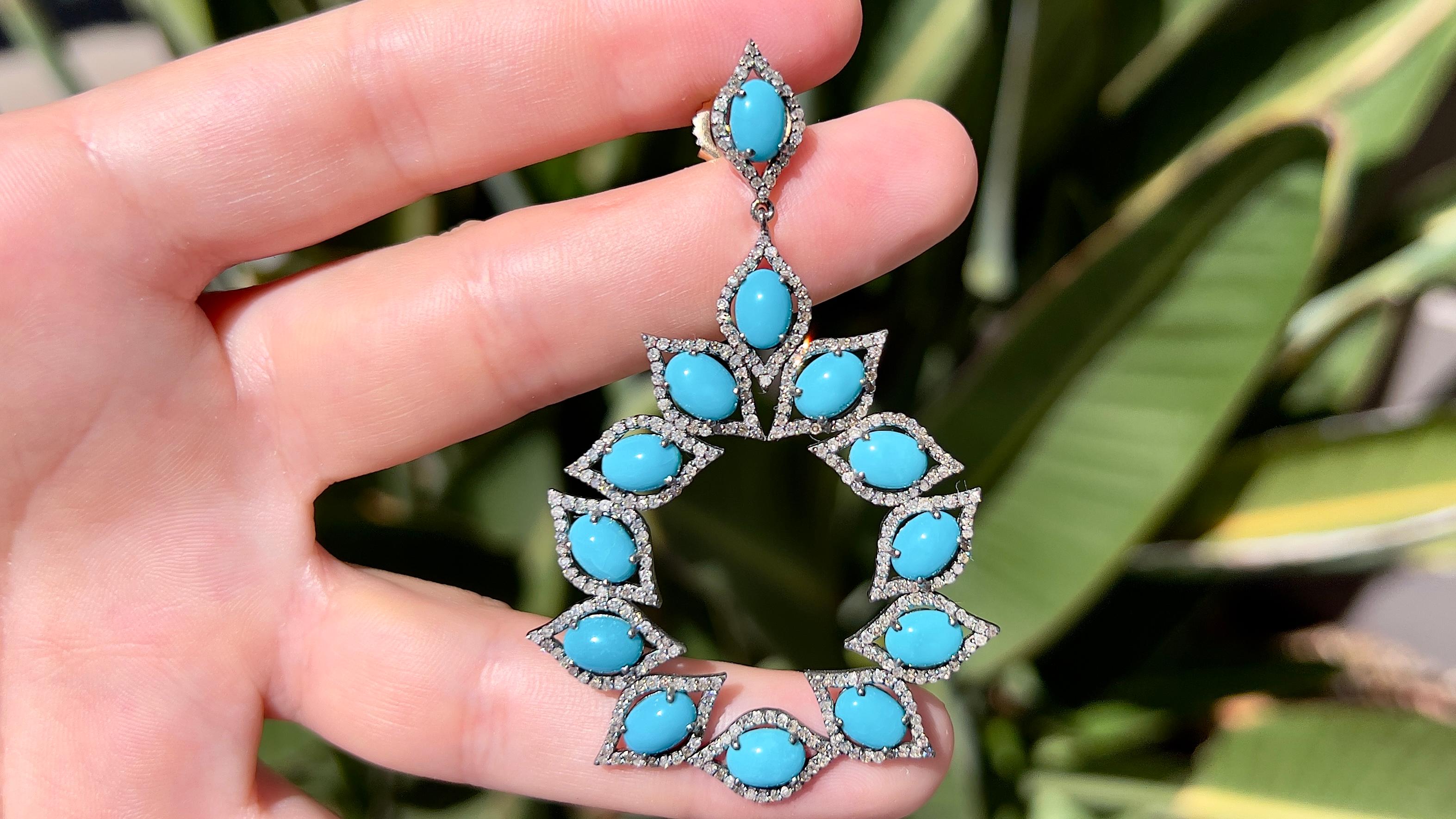 Très belles boucles d'oreilles en turquoise de plus de 17 carats et diamants en vente 2