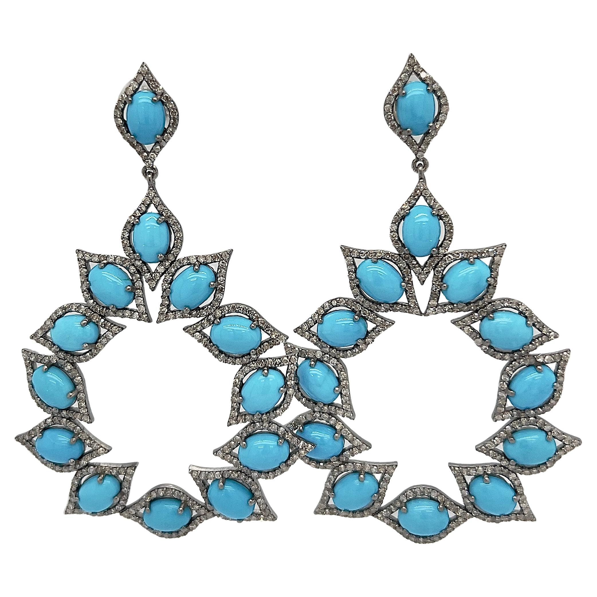 Très belles boucles d'oreilles en turquoise de plus de 17 carats et diamants en vente