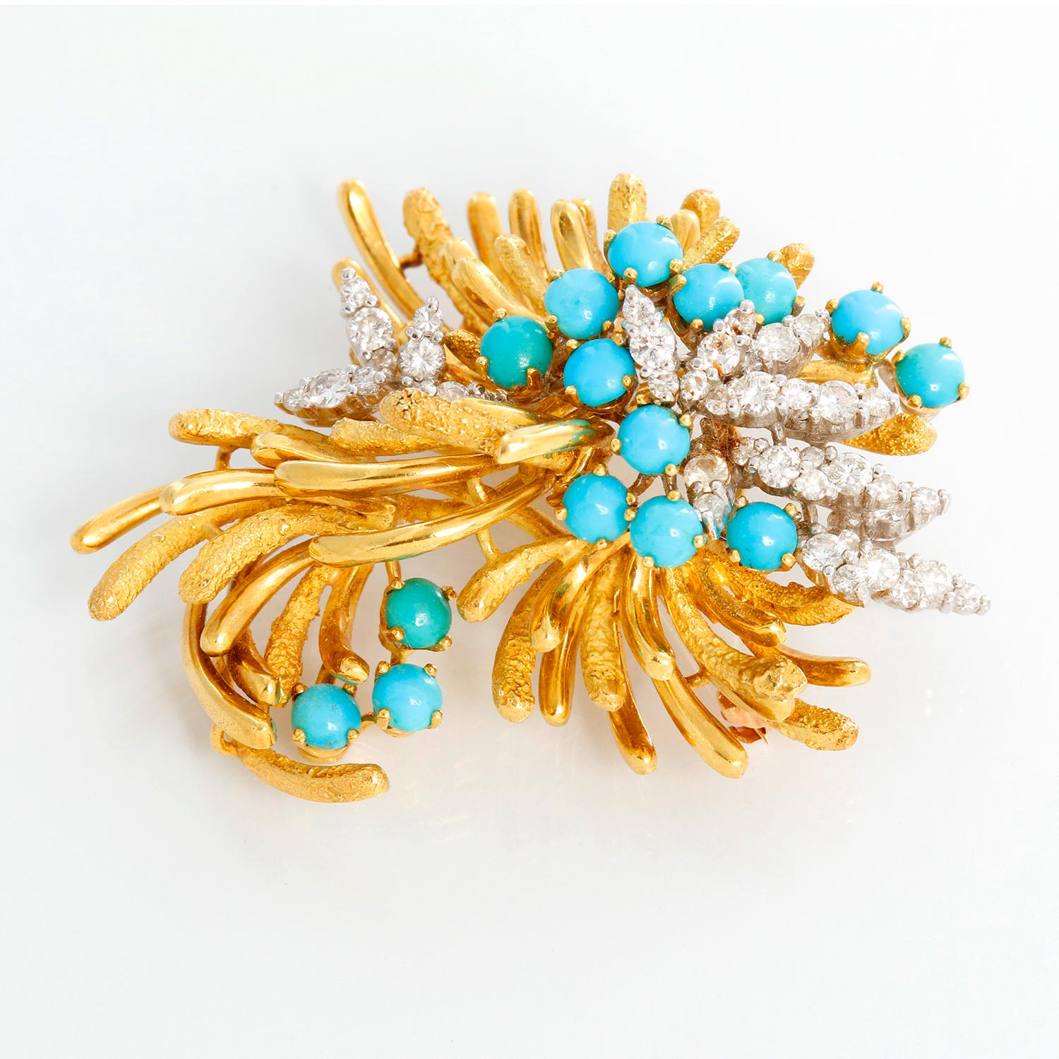 Very Fine Turquoise & Diamond  Estate Pin - Beautiful yellow gold pin weighing 1.60 cts of diamonds with turquoise sprinkled through out. This piece measures 1.5  inches by 2 inches. A very fine piece of craftmanship. 
Pre-owned .