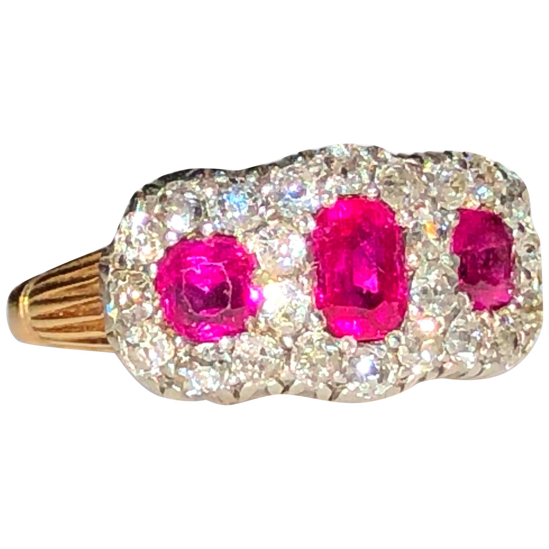 Very Fine Victorian Three-Stone Ruby Diamond Antique Ring