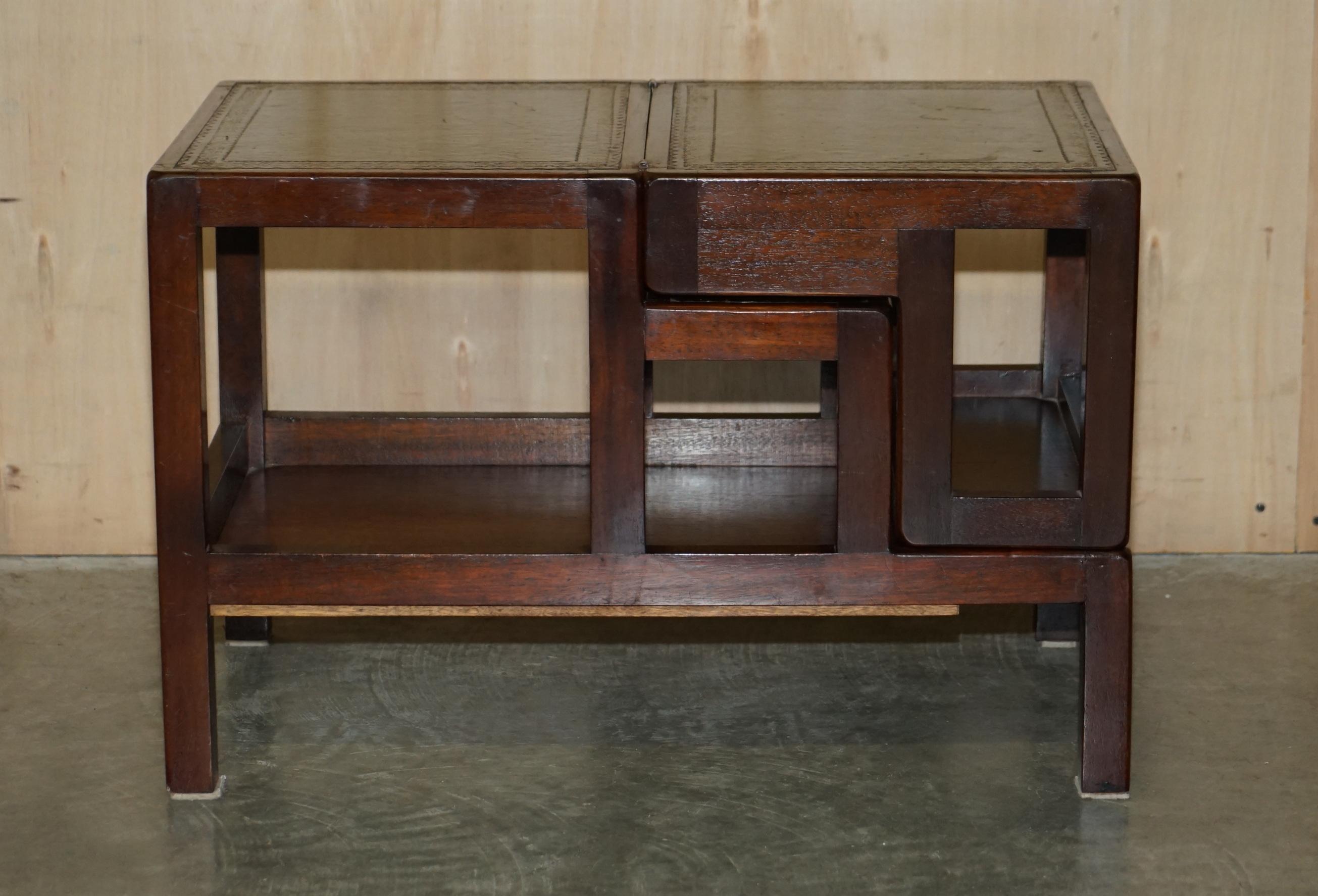 Very Fine Vintage Hardwood Green Leather Side Table Metamorphic Library Steps 5