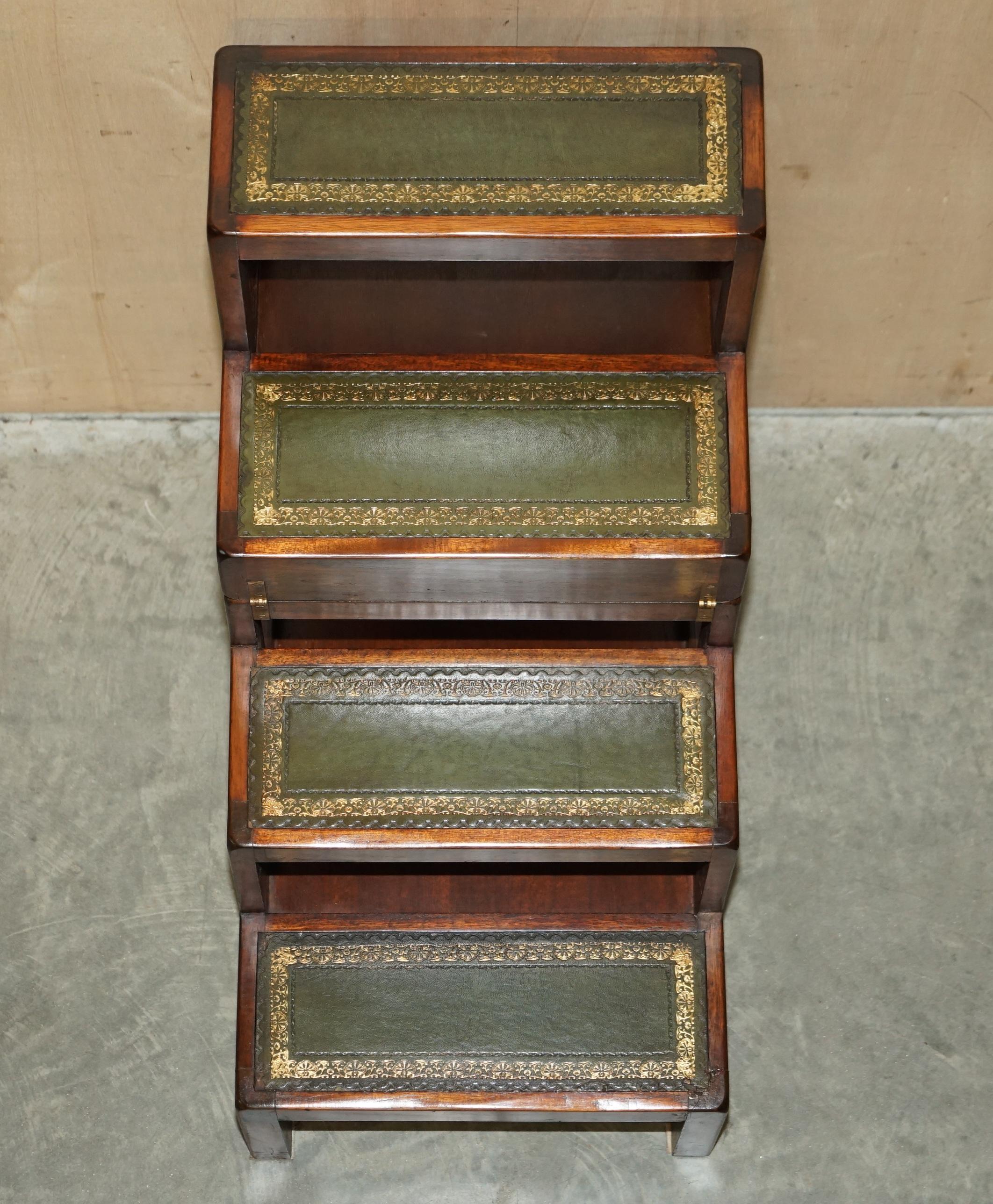 Very Fine Vintage Hardwood Green Leather Side Table Metamorphic Library Steps 9