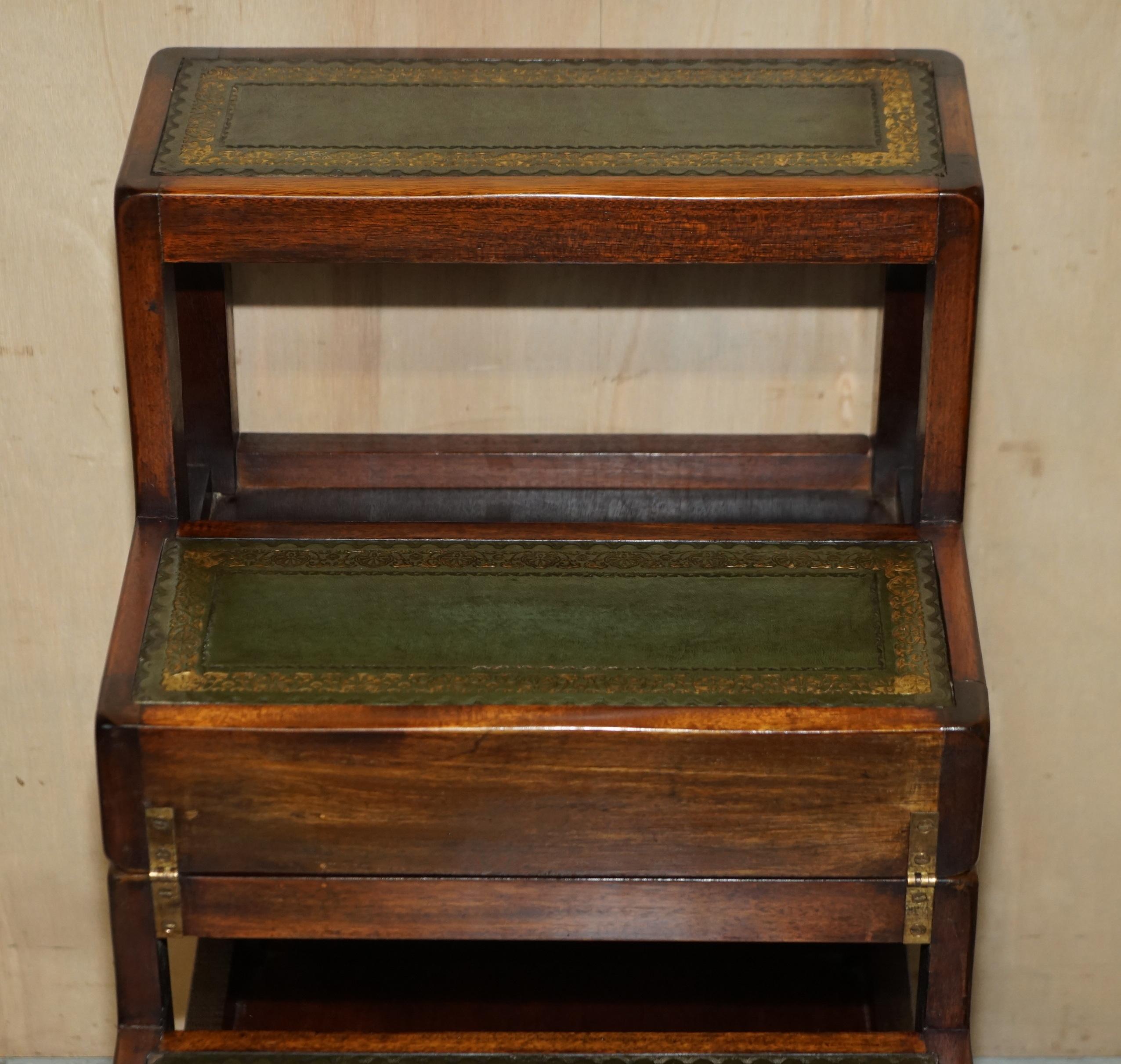 Very Fine Vintage Hardwood Green Leather Side Table Metamorphic Library Steps 10