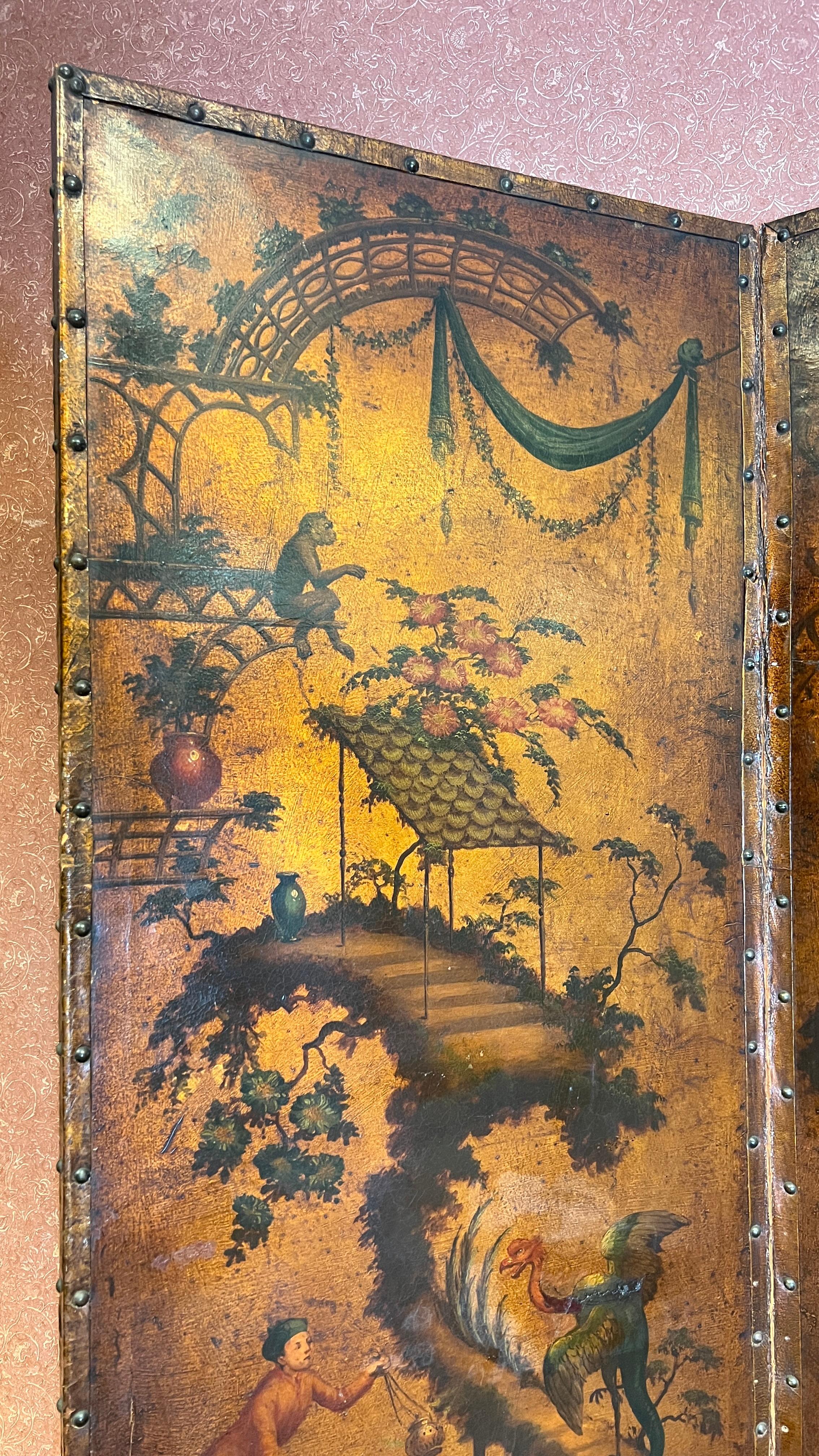 Very Finely Hand Painted Chinoiserie Leather Screen with Monkeys 4