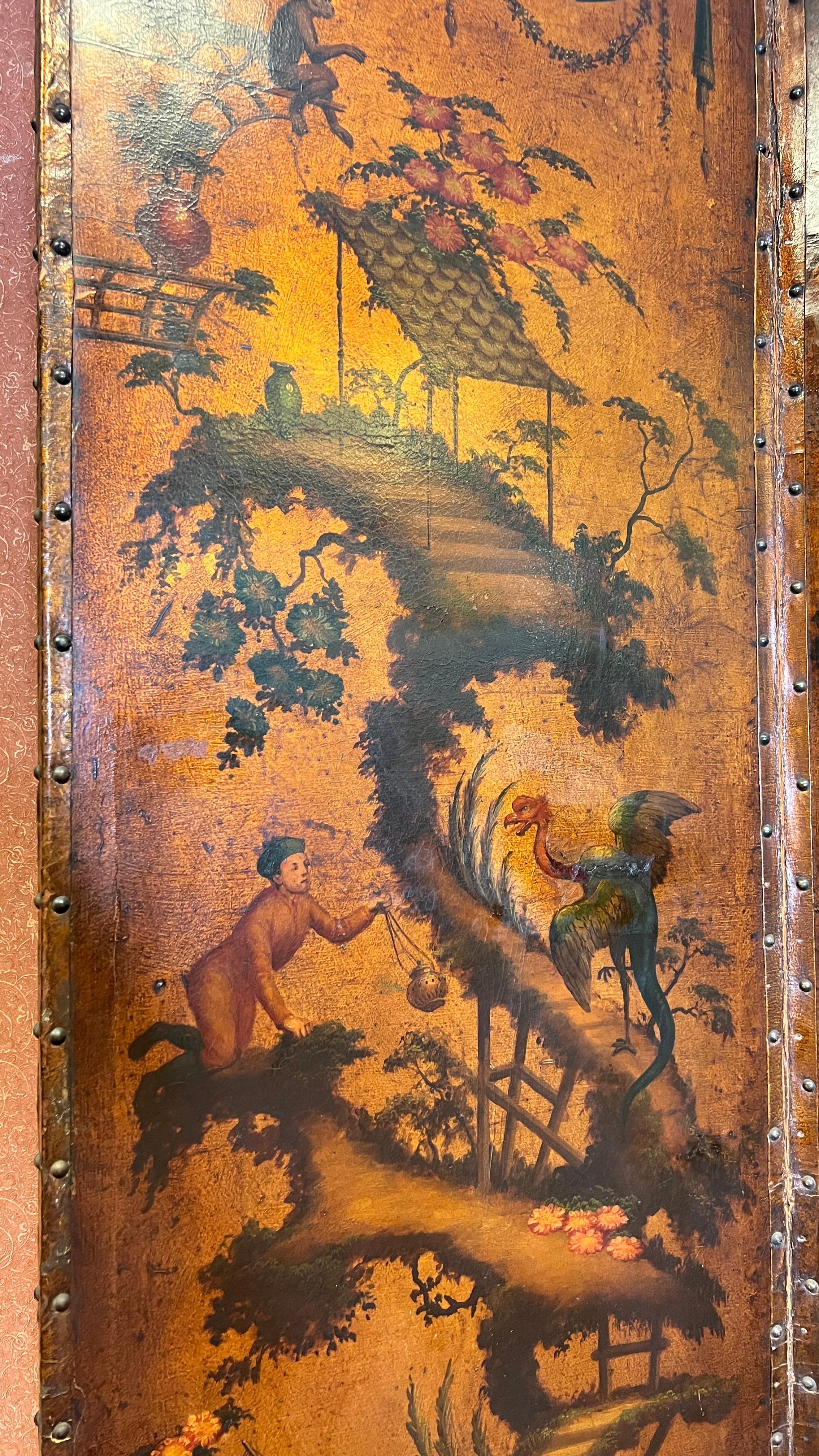 Very Finely Hand Painted Chinoiserie Leather Screen with Monkeys 5