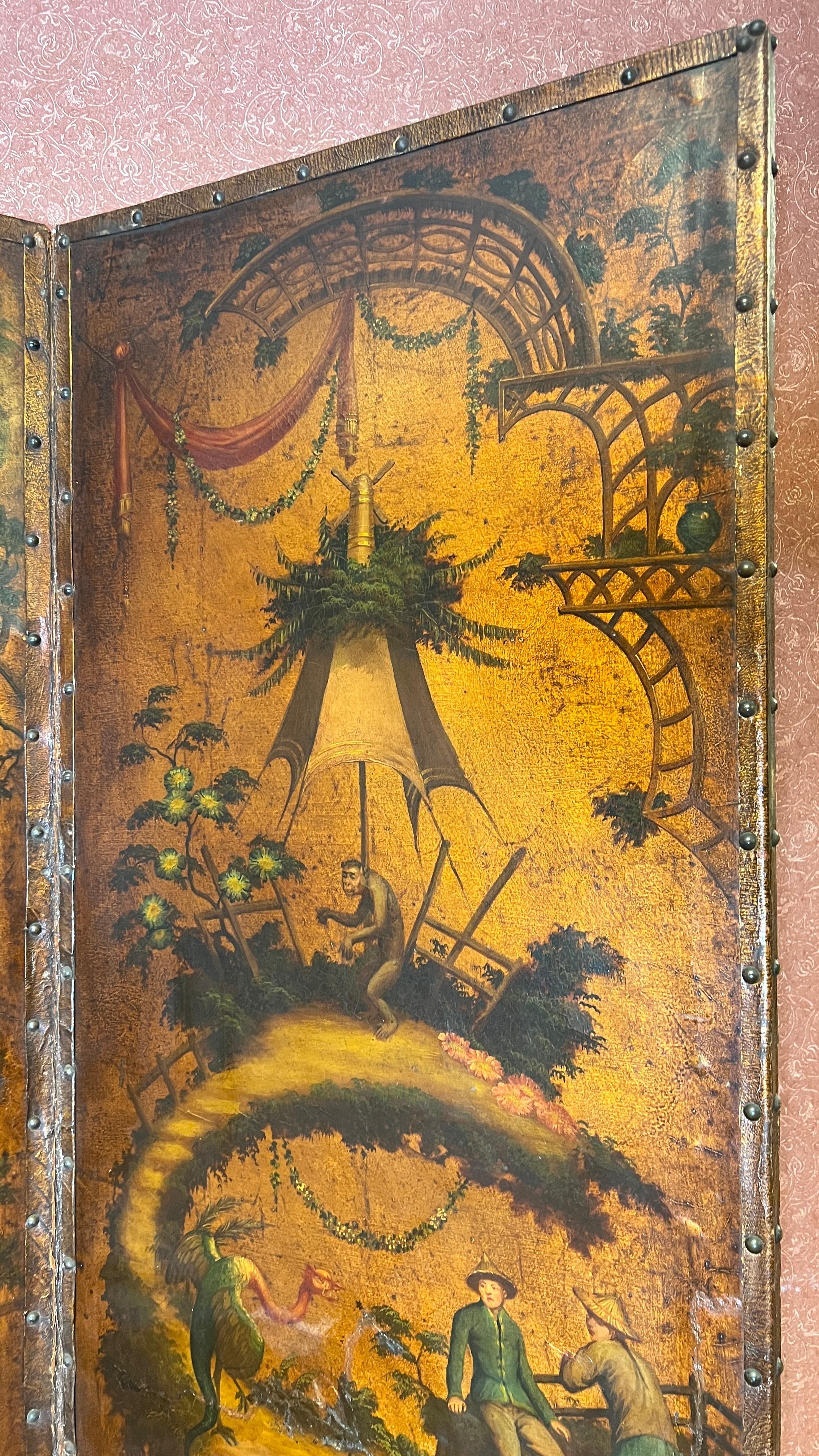 Very Finely Hand Painted Chinoiserie Leather Screen with Monkeys 6
