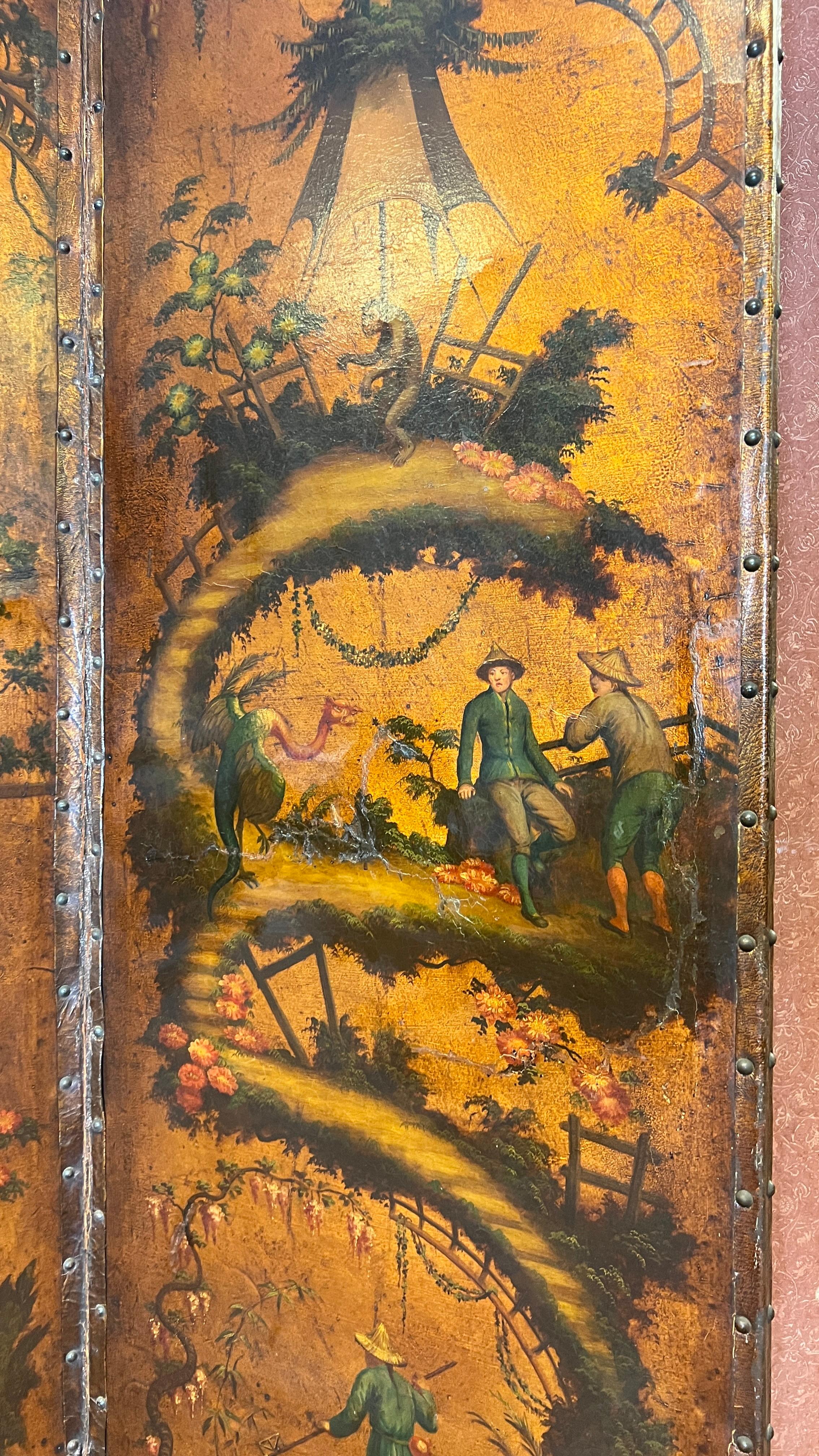 Very Finely Hand Painted Chinoiserie Leather Screen with Monkeys 7