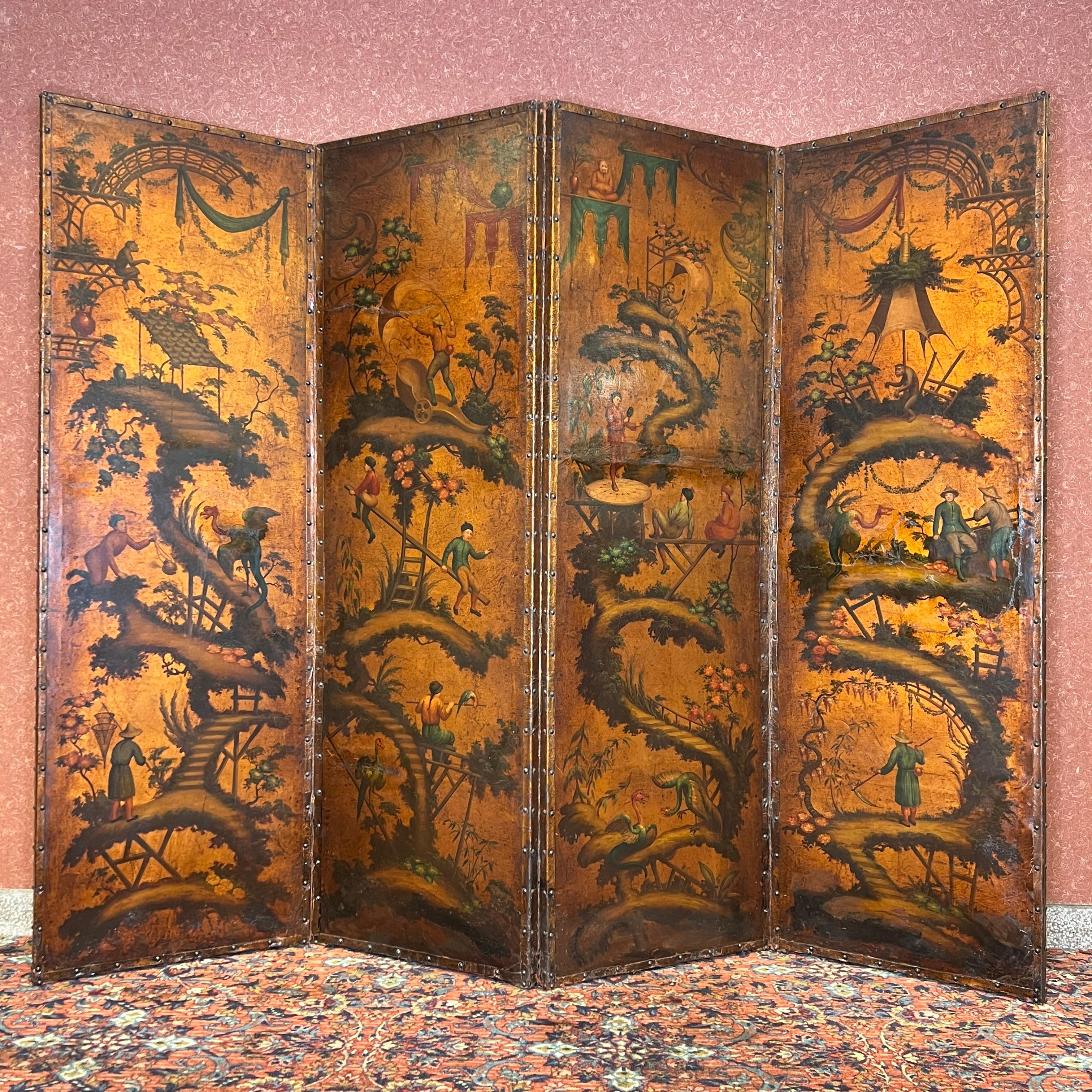 Very fine French turn of the century hand painted circa 1900 Chinoiserie 4 panel leather Screen with Monkeys.