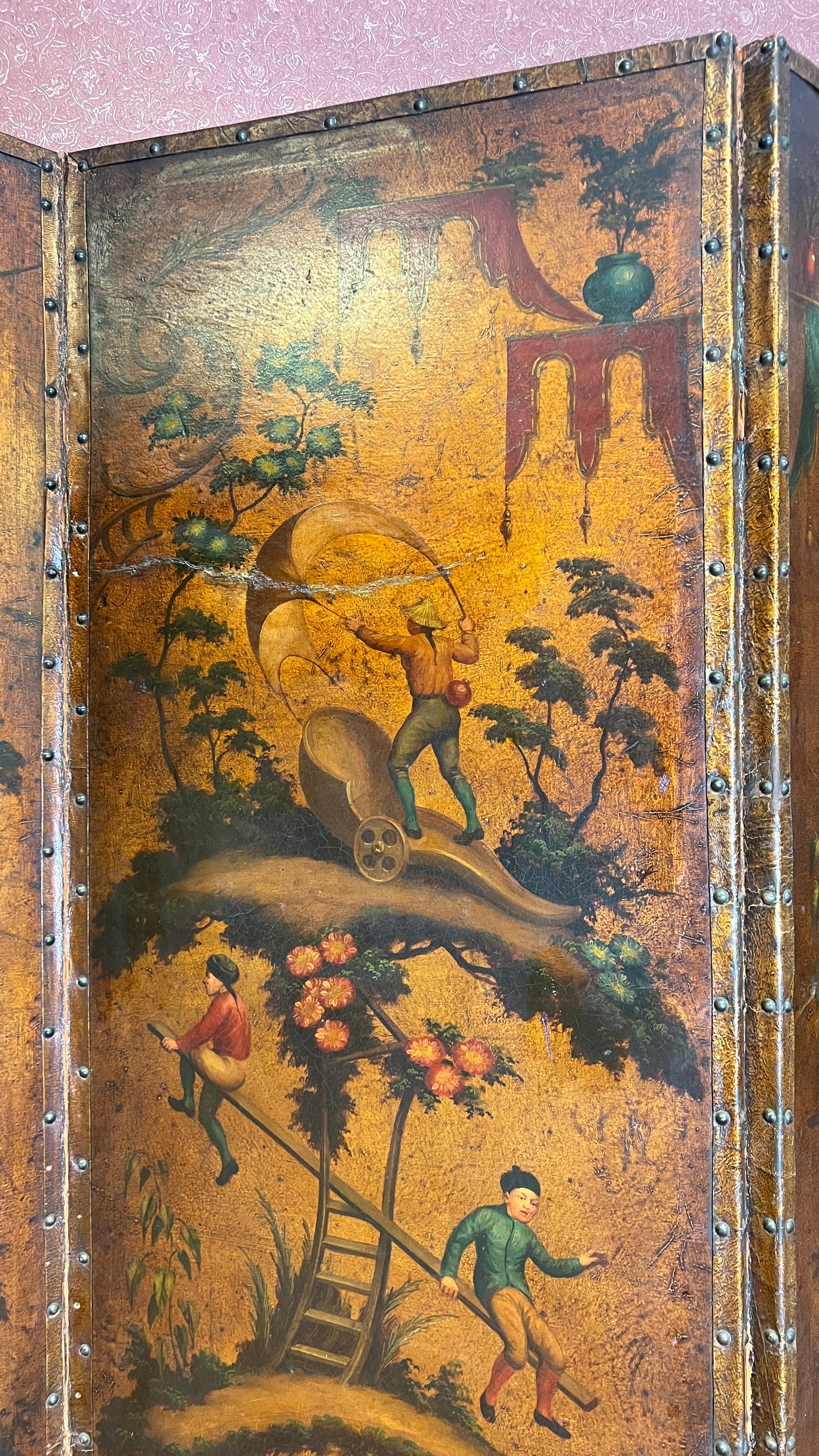 French Very Finely Hand Painted Chinoiserie Leather Screen with Monkeys