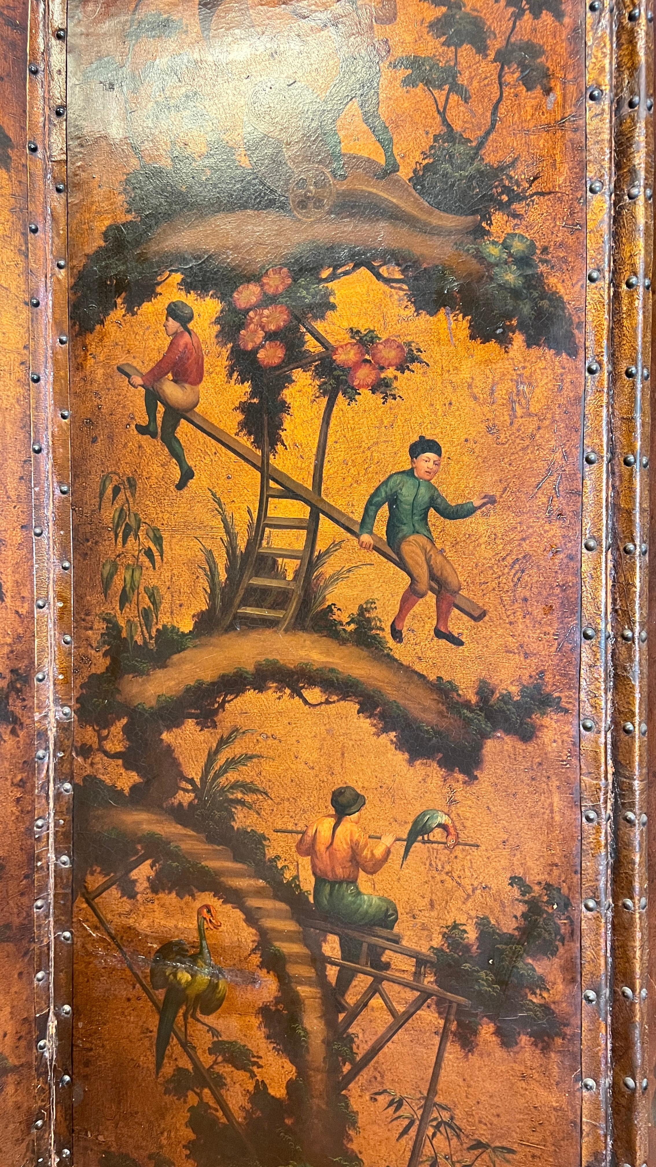 Very Finely Hand Painted Chinoiserie Leather Screen with Monkeys In Good Condition In New York, NY