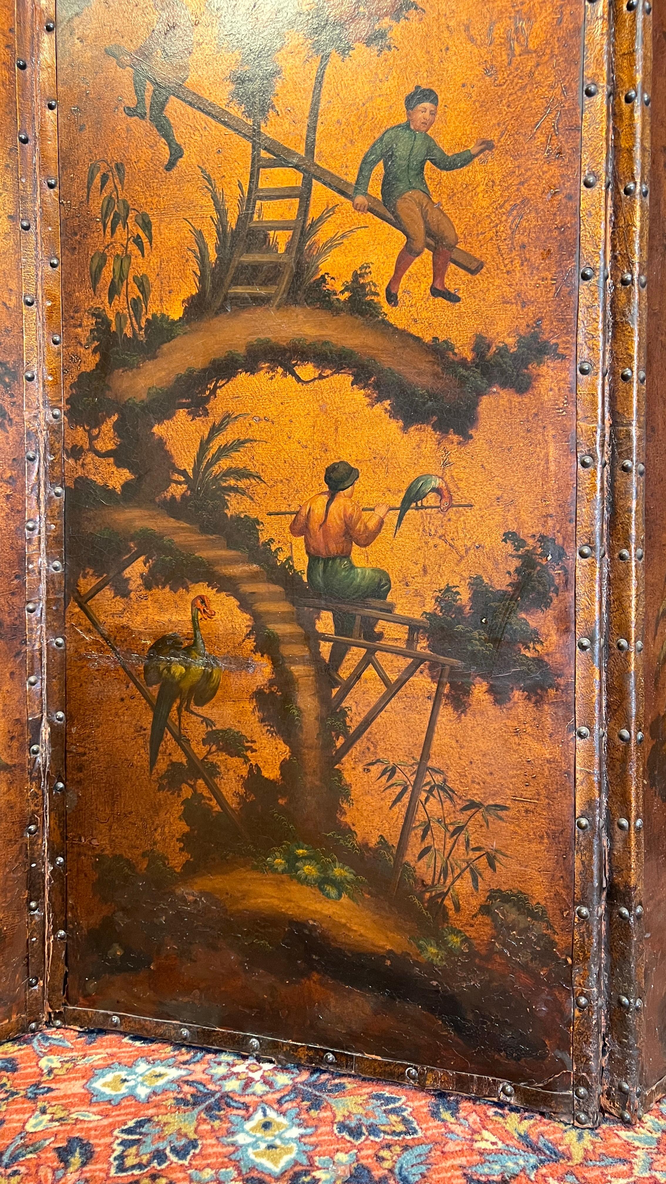 Early 20th Century Very Finely Hand Painted Chinoiserie Leather Screen with Monkeys