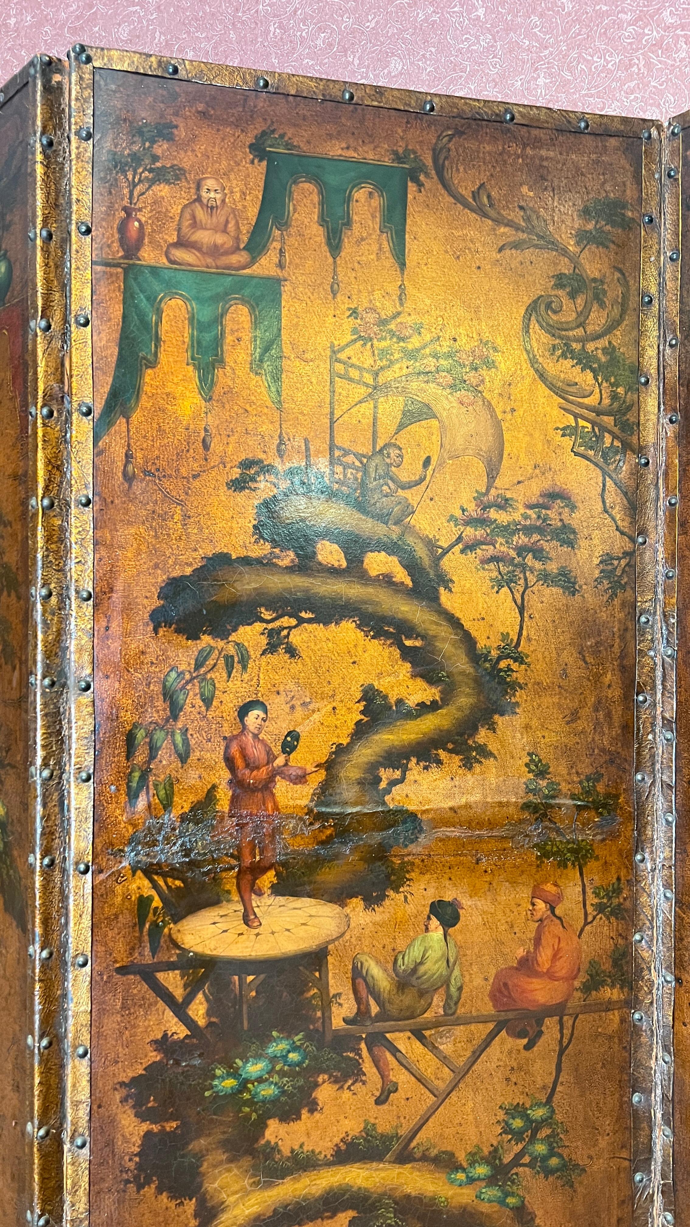 Very Finely Hand Painted Chinoiserie Leather Screen with Monkeys 1