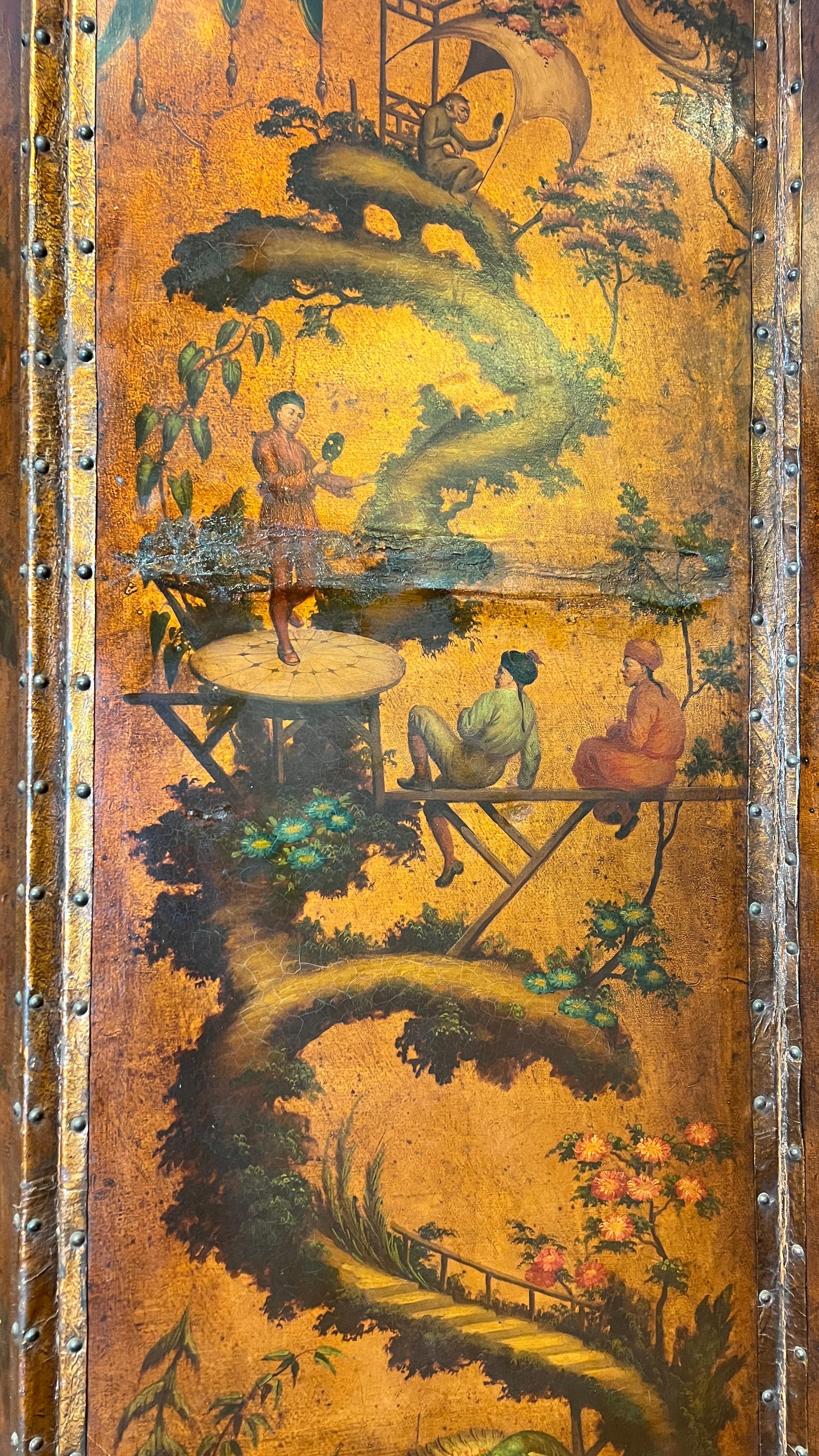 Very Finely Hand Painted Chinoiserie Leather Screen with Monkeys 2