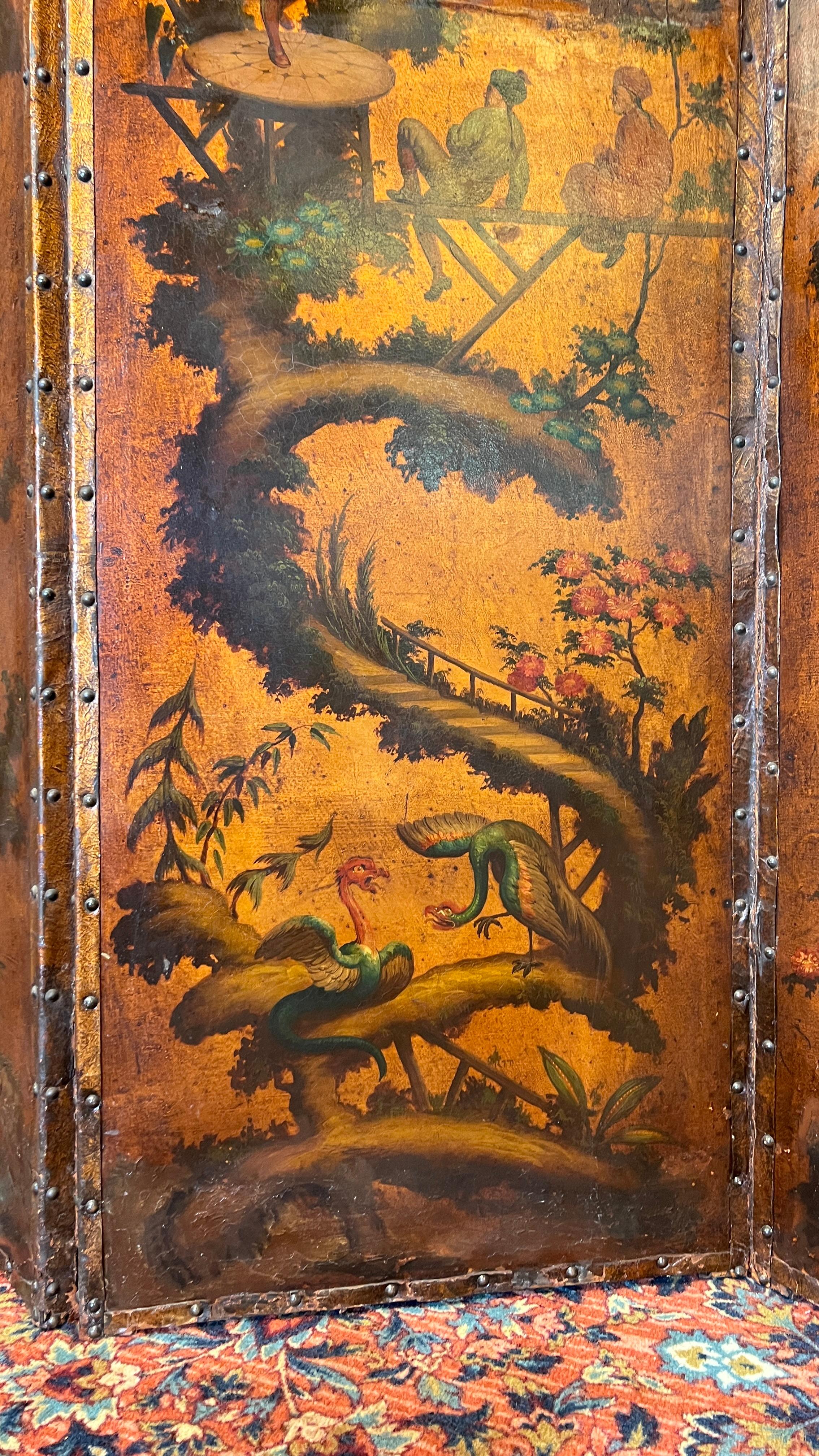 Very Finely Hand Painted Chinoiserie Leather Screen with Monkeys 3